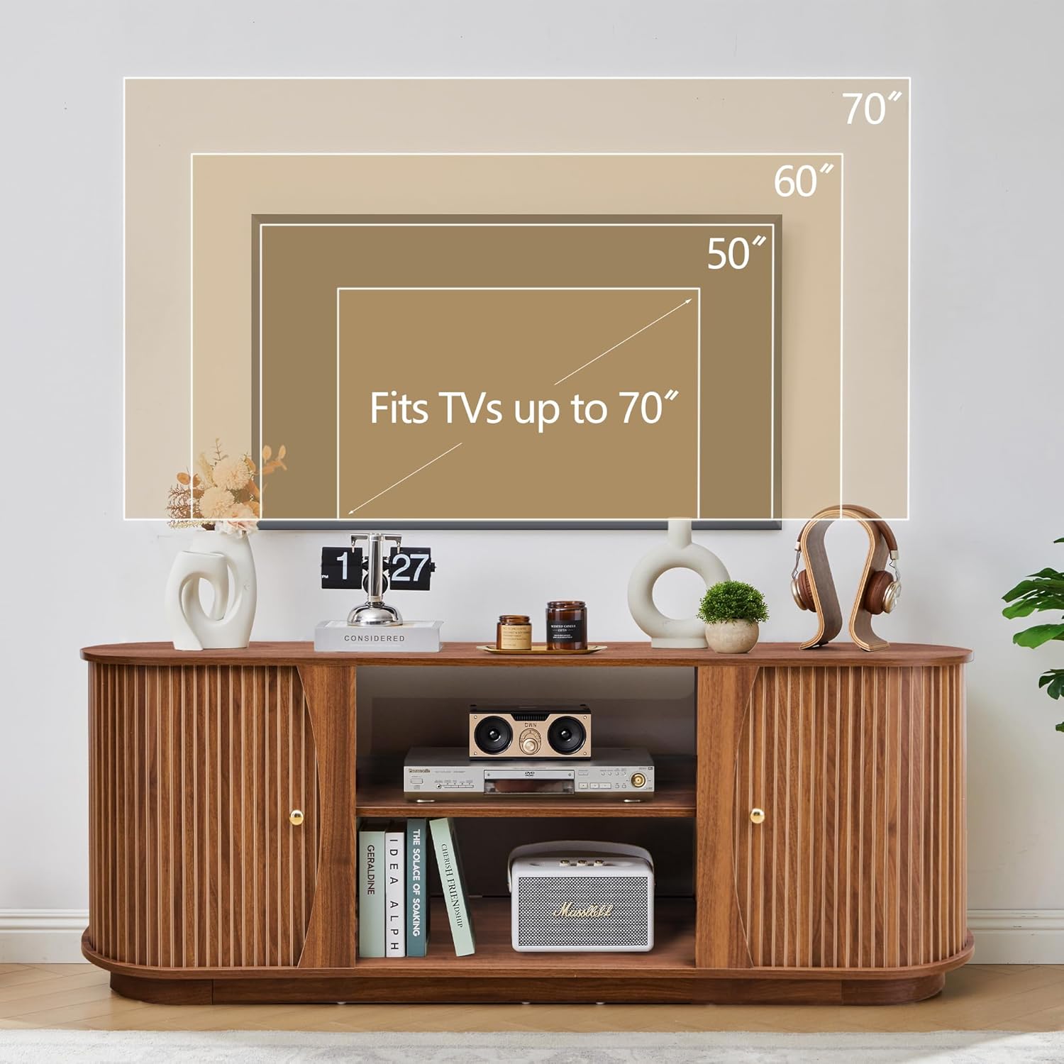 Turtle & Myrtle 63' Mid Century Modern TV Stand for Tvs up to 70', Fluted TV Media Console Table with Storage and Adjustable Shelves, Curved Edge Entertainment Center for Living Room (Brown)