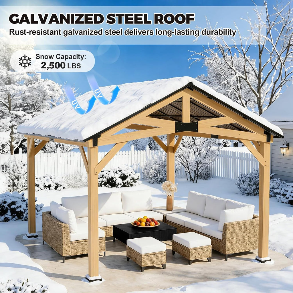 11x13 Hardtop Gazebo, Galvanized Steel Gable Roof Exposed Beam A-Frame Outdoor Pavilion with Cedar Wood Frame, Patio Gazebo for Deck, Garden, Lawn, Natural Wood/Black