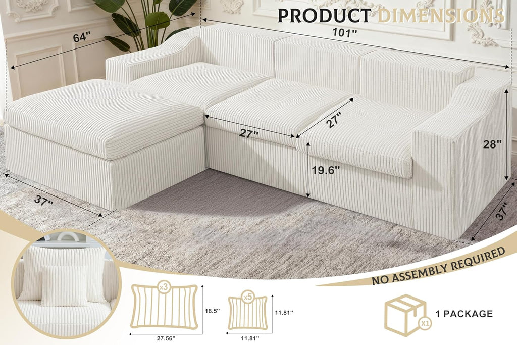 101' Modular Couch Sectionals with Ottoman, Big Comfy Cloud Couches, L Shaped 4 Seat Modular Sectional Sofa, Sectional Double Cushion Couches with Deep Seat for Living Room,No Assembly Required(Beige)