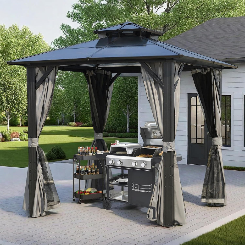 ENDARK 8'x8' Double Roof BBQ Gazebo with Polycarbonate Top, Aluminum Frame, Galvanized Steel, and Double Layer Curtains for Patio and Backyard