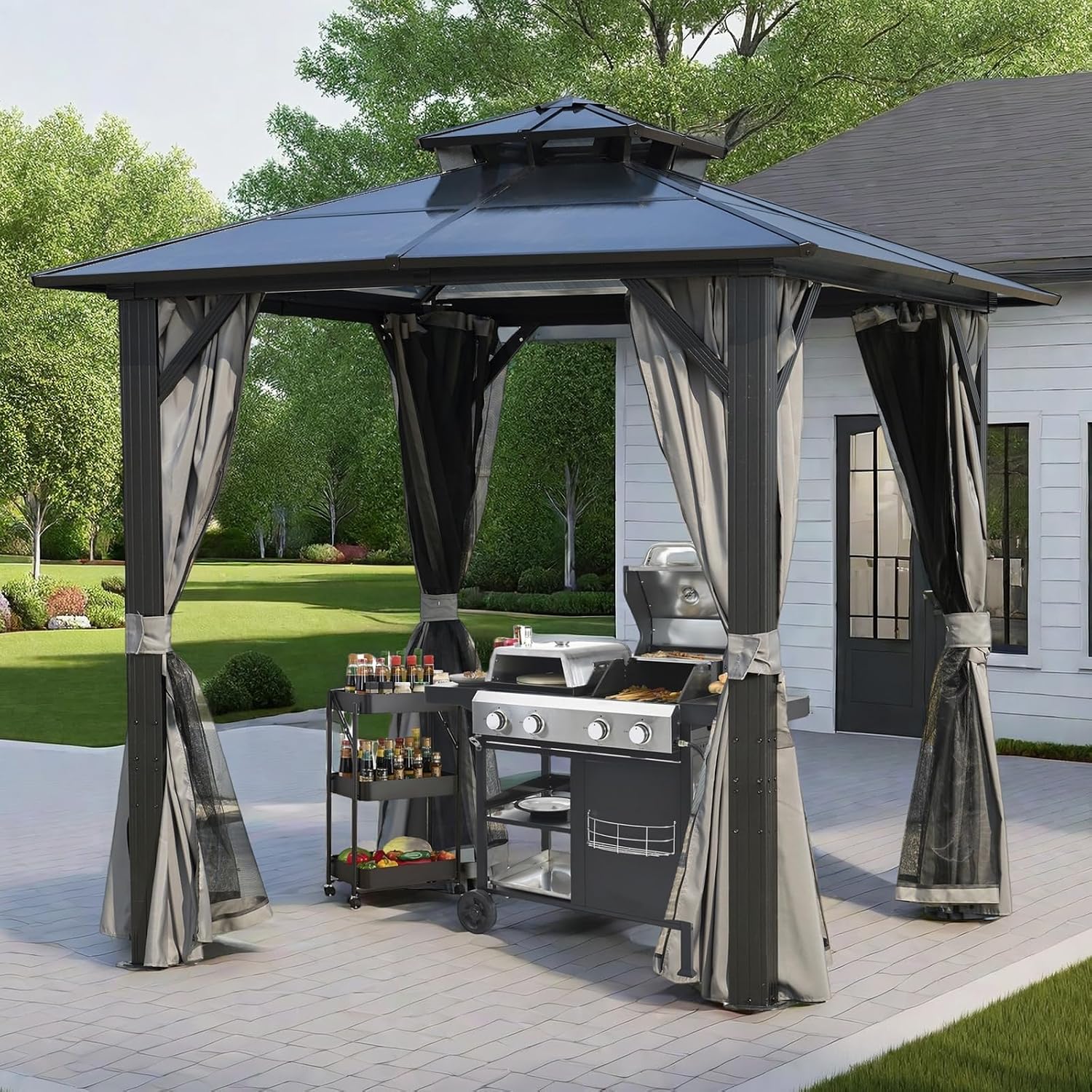 ENDARK 8'x8' Double Roof BBQ Gazebo with Polycarbonate Top, Aluminum Frame, Galvanized Steel, and Double Layer Curtains for Patio and Backyard
