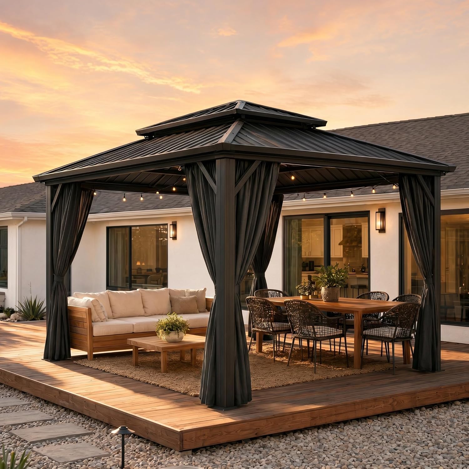 HOTEEL 10x12 Hardtop Gazebo Hot Tub Gazebo with Flame-Retardant Curtain Netting, Heavy Duty Pavilion with Galvanized Steel Double Roof, Aluminum Frame Outdoor Canopy for Patio, Party (2025 Upgraded)