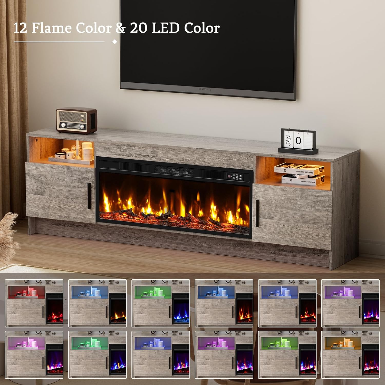 Kucreiheat Fireplace TV Stand for 65-80 inch TV, Large Entertainment Center with Fireplace & LED Lights,High Gloss Living Room Storage Cabinet, Grey, 70''(Log)