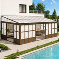 Domi 12x20FT Sunroom, Wall Mounted Sunroom with Polycarbonate Sloping Roof, Outdoor Sunroom Gazebo with Detachable PC Screen, 3 Sliding Double Doors, Lean to Sun Room for Patio, Deck