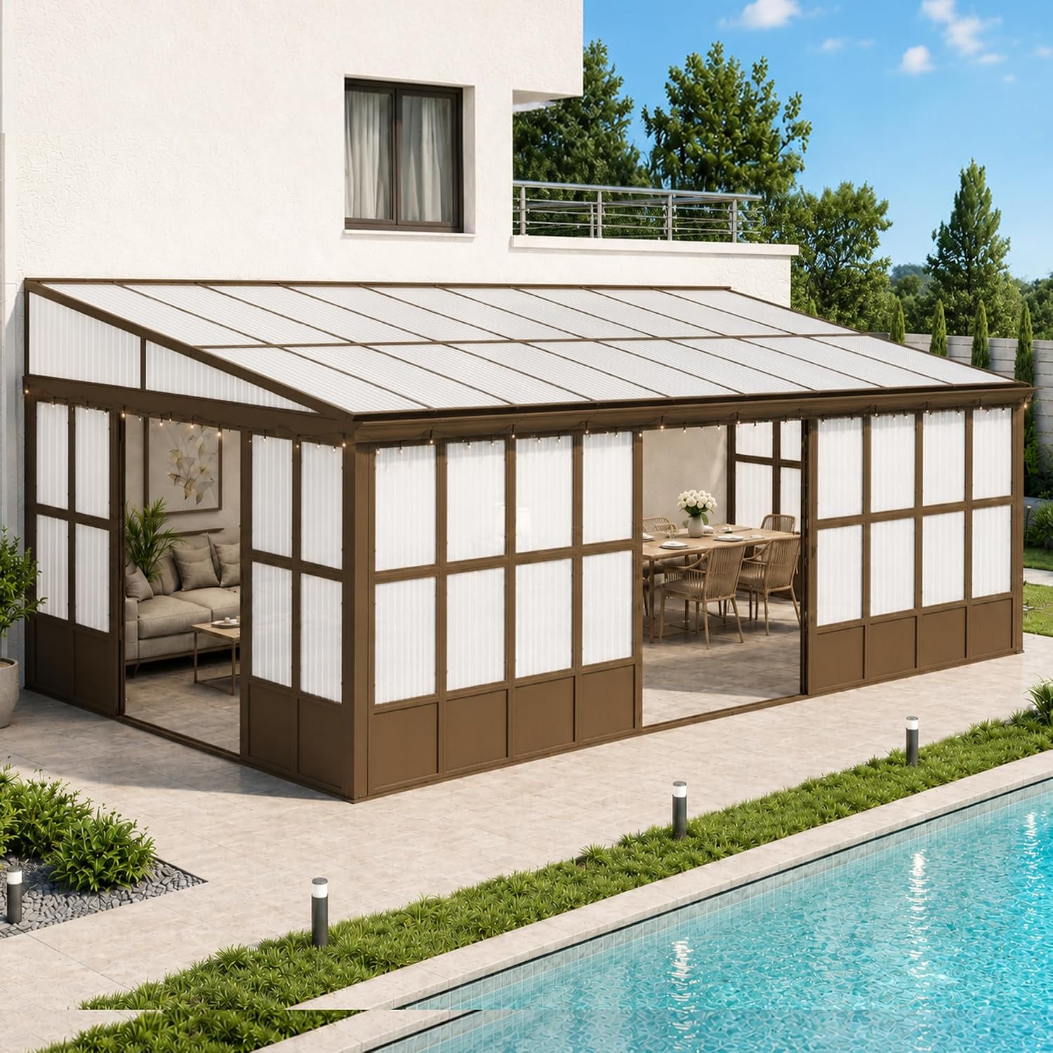 Domi 12x20FT Sunroom, Wall Mounted Sunroom with Polycarbonate Sloping Roof, Outdoor Sunroom Gazebo with Detachable PC Screen, 3 Sliding Double Doors, Lean to Sun Room for Patio, Deck
