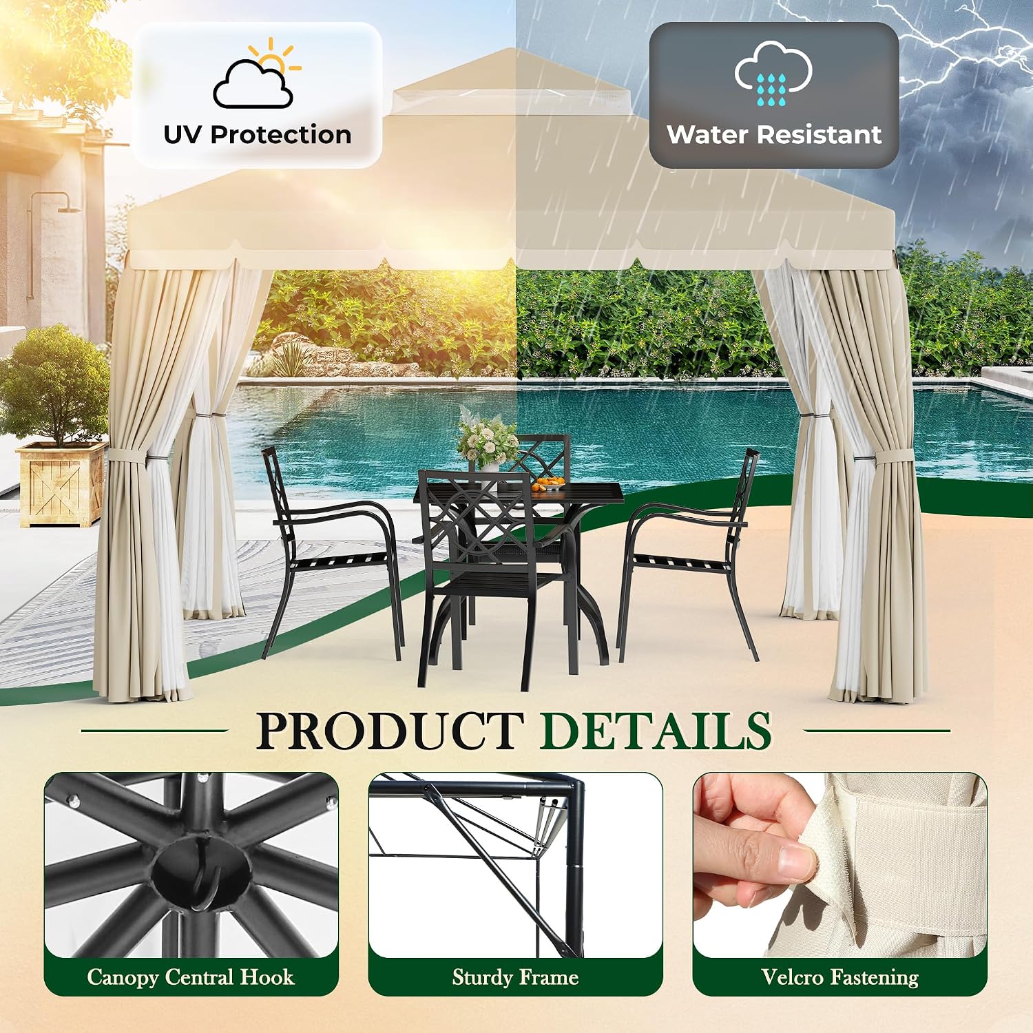 Incbruce Outdoor 10x10 FT Garden Gazebo, Steel Vented Double Roof Patios Canopy, Outside Gazebo with Mosquito Netting for Backyard, Lawns, Party (Beige)