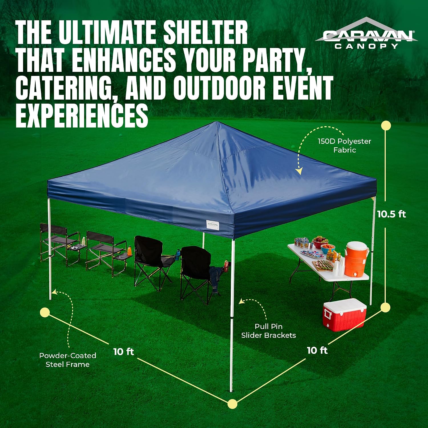 Caravan Canopy M Series Pro 2 10 x 10 Foot Lightweight Steel Frame Shade Tent with Rising Truss System, Pull Pin Sliders, and Roller Bag, Navy Blue