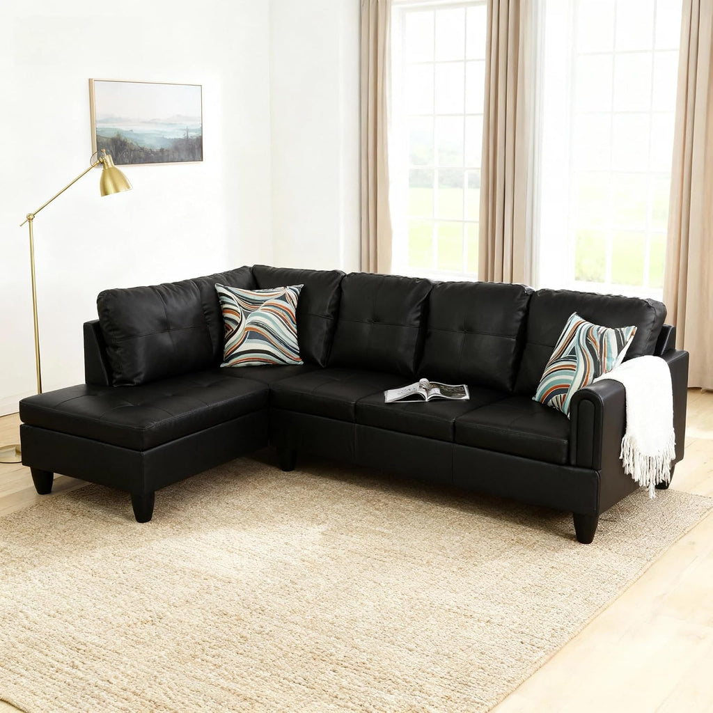 L Shaped Couch Sectional Couches with Chaise, 3 Pieces Modular Convertible Sofa for Living Room Furniture Sets and Small Apartment Faux Leather, Black