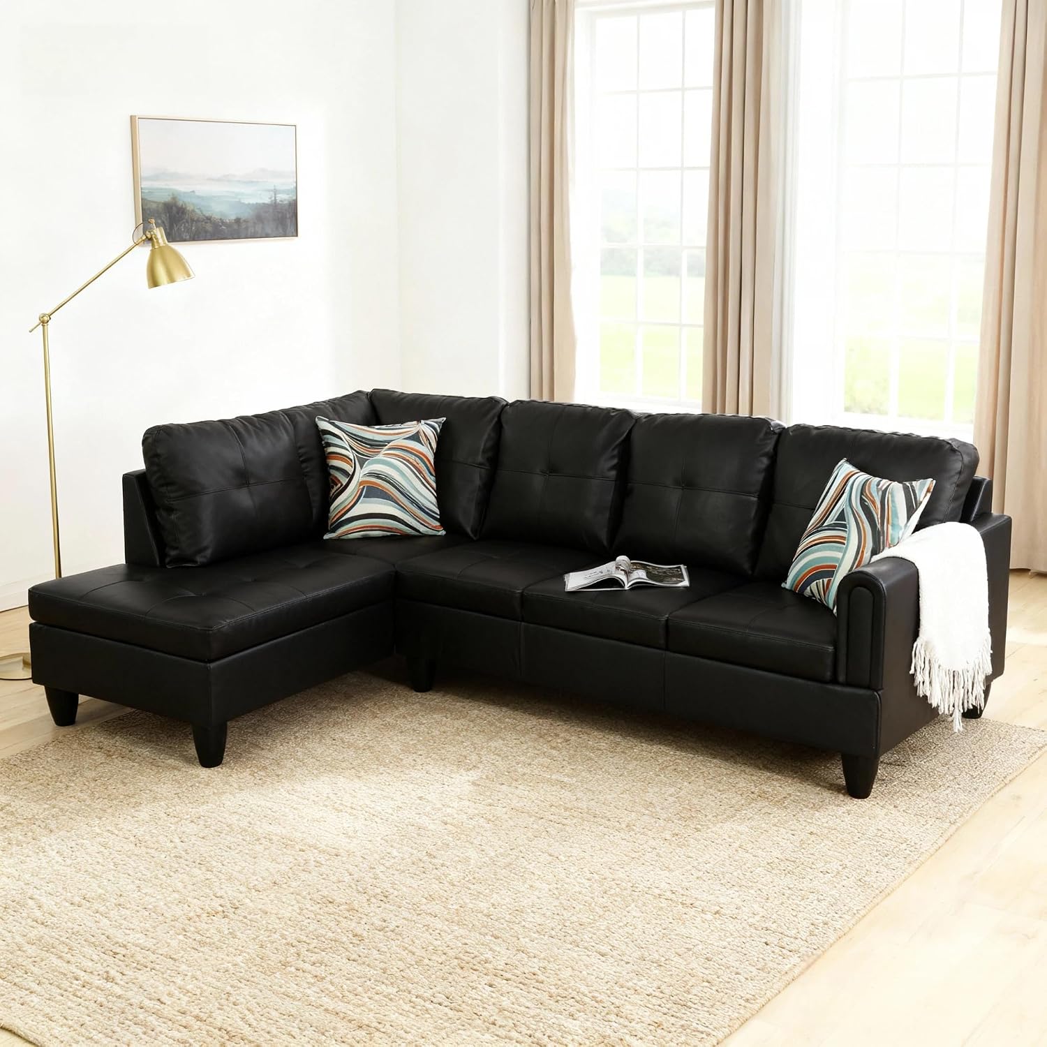 L Shaped Couch Sectional Couches with Chaise, 3 Pieces Modular Convertible Sofa for Living Room Furniture Sets and Small Apartment Faux Leather, Black