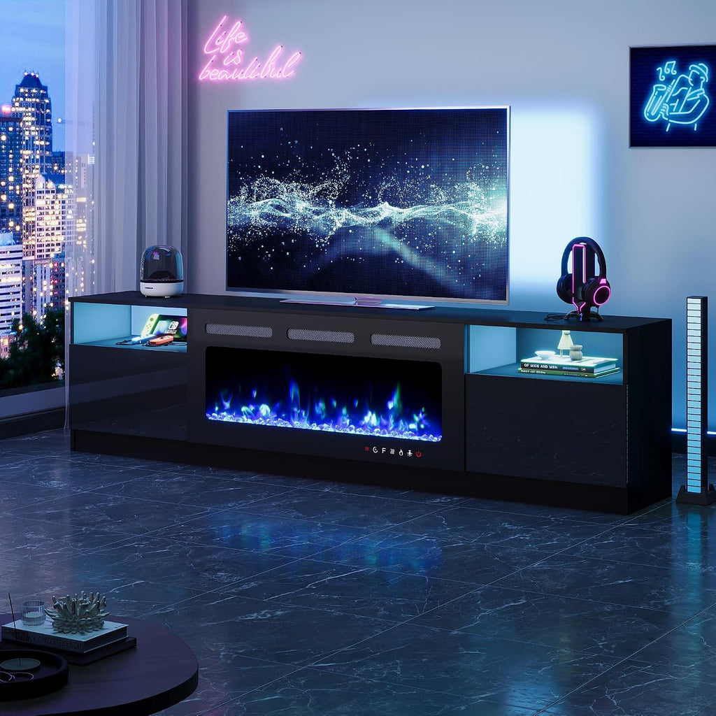 EROMMY 80'' Fireplace TV Stand with 40'' Electric Fireplace, Entertainment Center with 16 Color Led Lights and 12 Flame Fireplace Insert Heater, TV Console for TVs up to 90'' for Living Room, Black