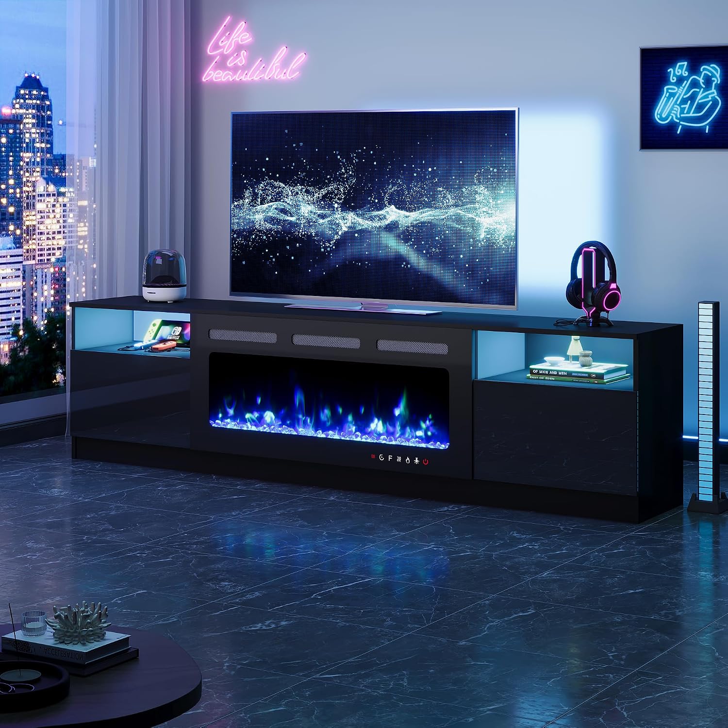 EROMMY 80'' Fireplace TV Stand with 40'' Electric Fireplace, Entertainment Center with 16 Color Led Lights and 12 Flame Fireplace Insert Heater, TV Console for TVs up to 90'' for Living Room, Black