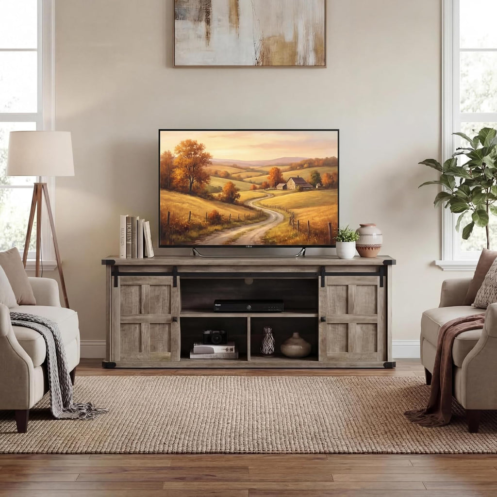 GarveeHome 70' Farmhouse TV Stand for 75 Inch TVs, Modern Entertainment Center with Sliding Barn Doors, Modern Media TV Console Table, Wood Long TV Stand for Living Room