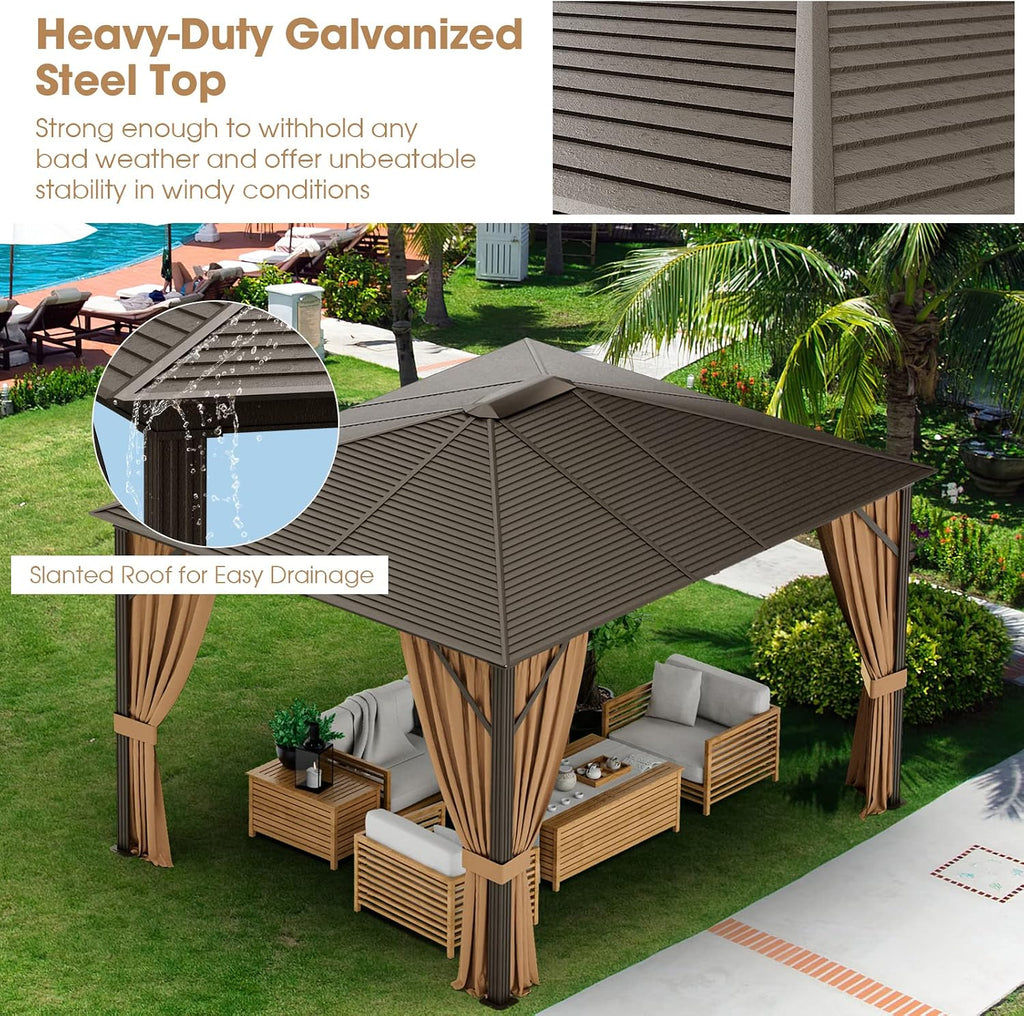 Tangkula 12x10 Ft Hardtop Gazebo, Double-Top Outdoor Gazebo with Galvanized Steel Top, Aluminum Frame, Patio Permanent Gazebo Pavilion with Netting and Curtains for Garden, Lawn, Backyard