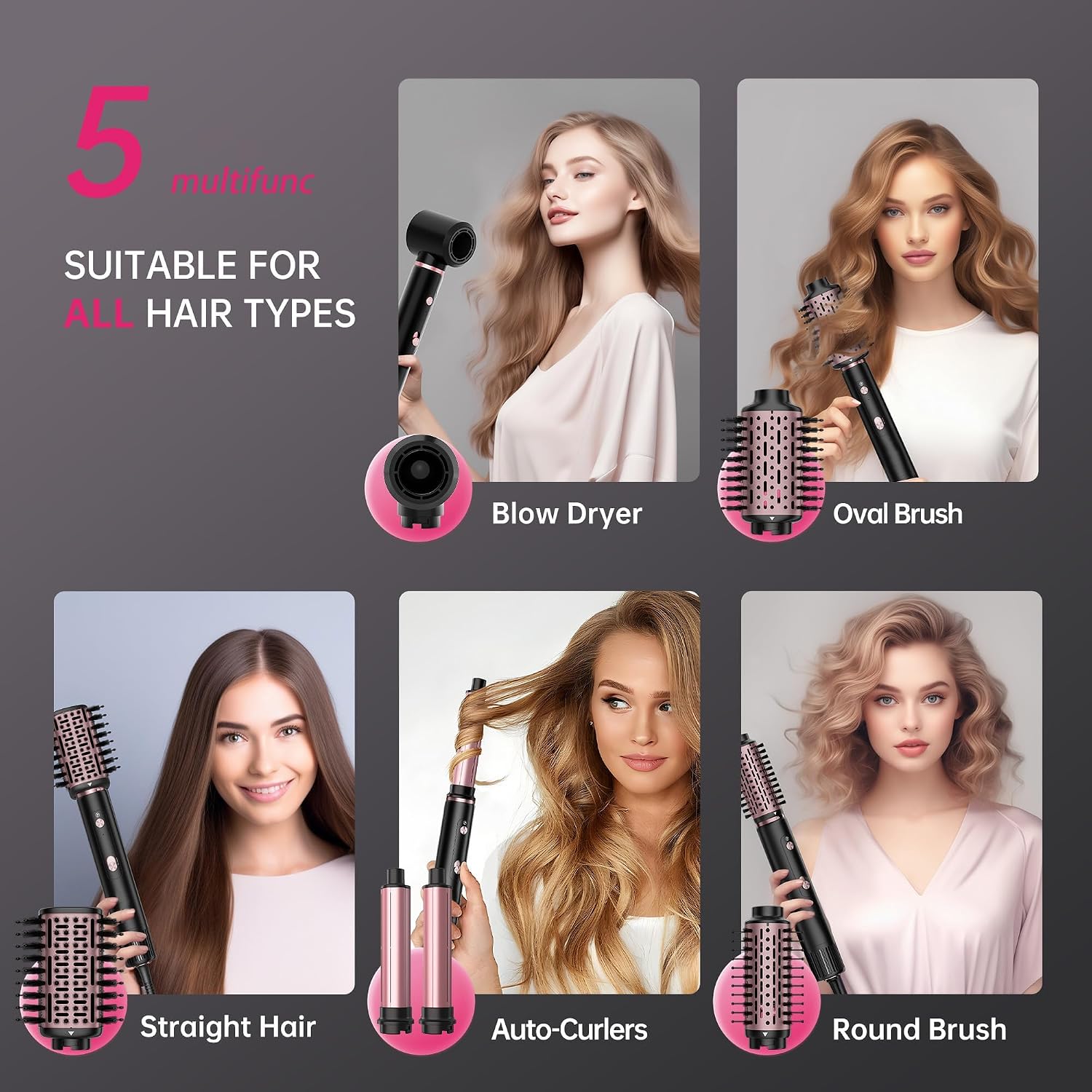 SKIMI 110,000 RPM Brushless Motor Hair Dryer Brush - 5 Multi-Styler for Fast Drying, Curling, Volumizing & Straightening | High-Speed Hot Air Brush for All Hair Types (Black & Rose Gold)