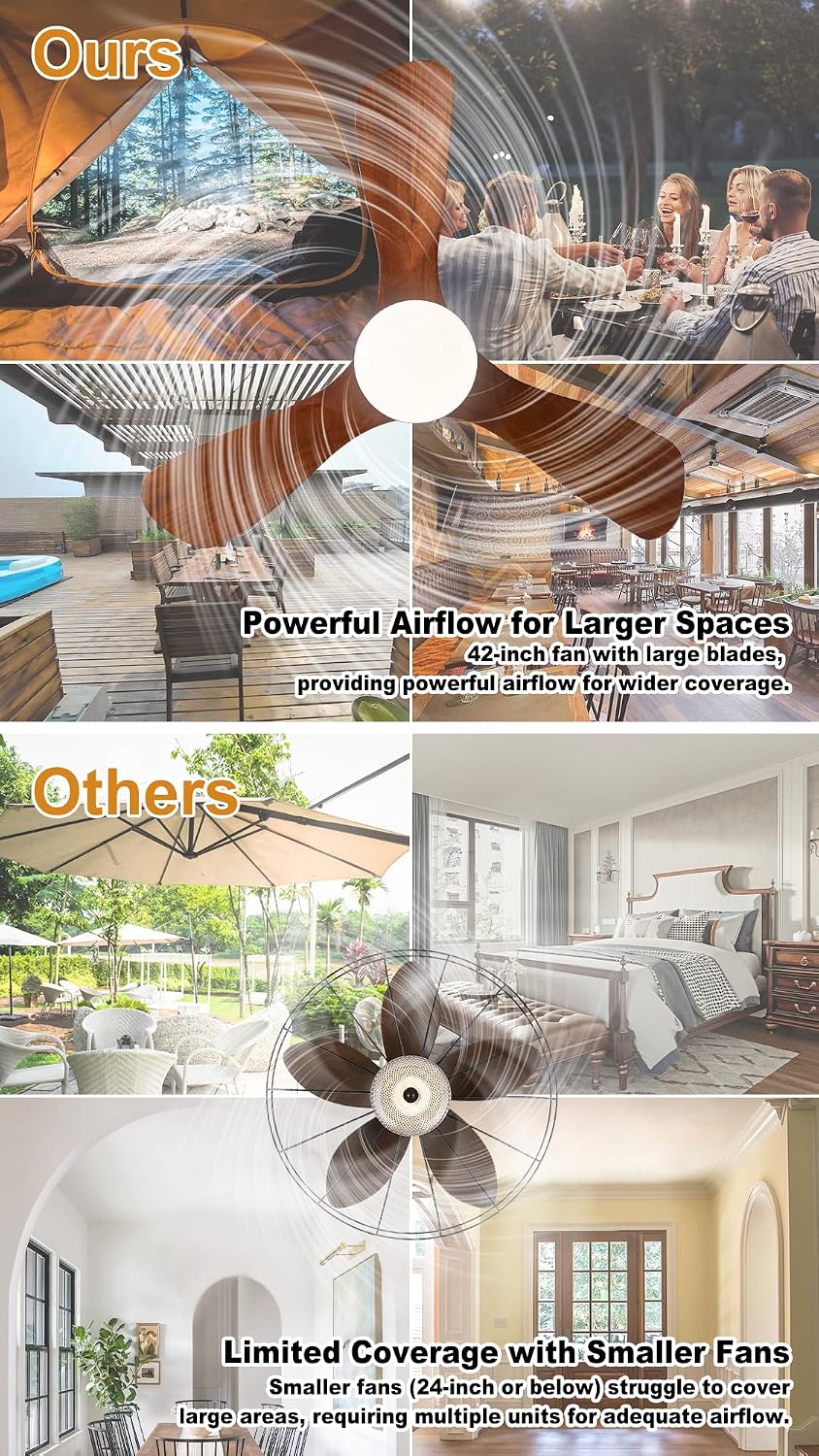 34' Outdoor Ceiling Fan with Light & Remote, Plug-in or Hardwire Gazebo Fan, Waterproof Wet Rated, 3 Walnut Wood Blades, Rustic Farmhouse Hanging Fan for Patio, Porch & Bedroom (Walnut-F235)
