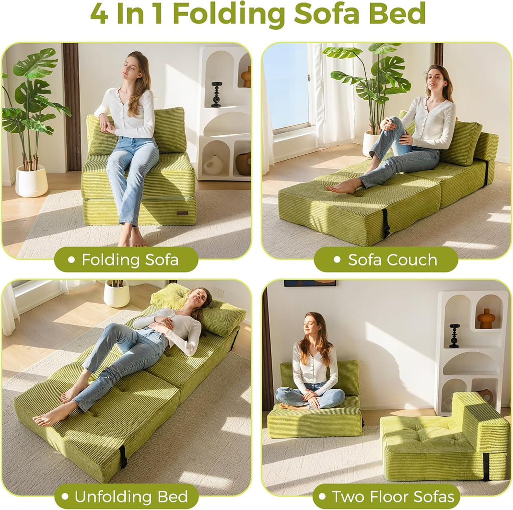 MAXYOYO Folding Sofa Bed, Convertible Sofa Bed with High-Density Support Foam, Portable 4 in 1 Fold Out Chair to Floor Lounger, Versatile Floor Couch for Living Room Bedroom, Green