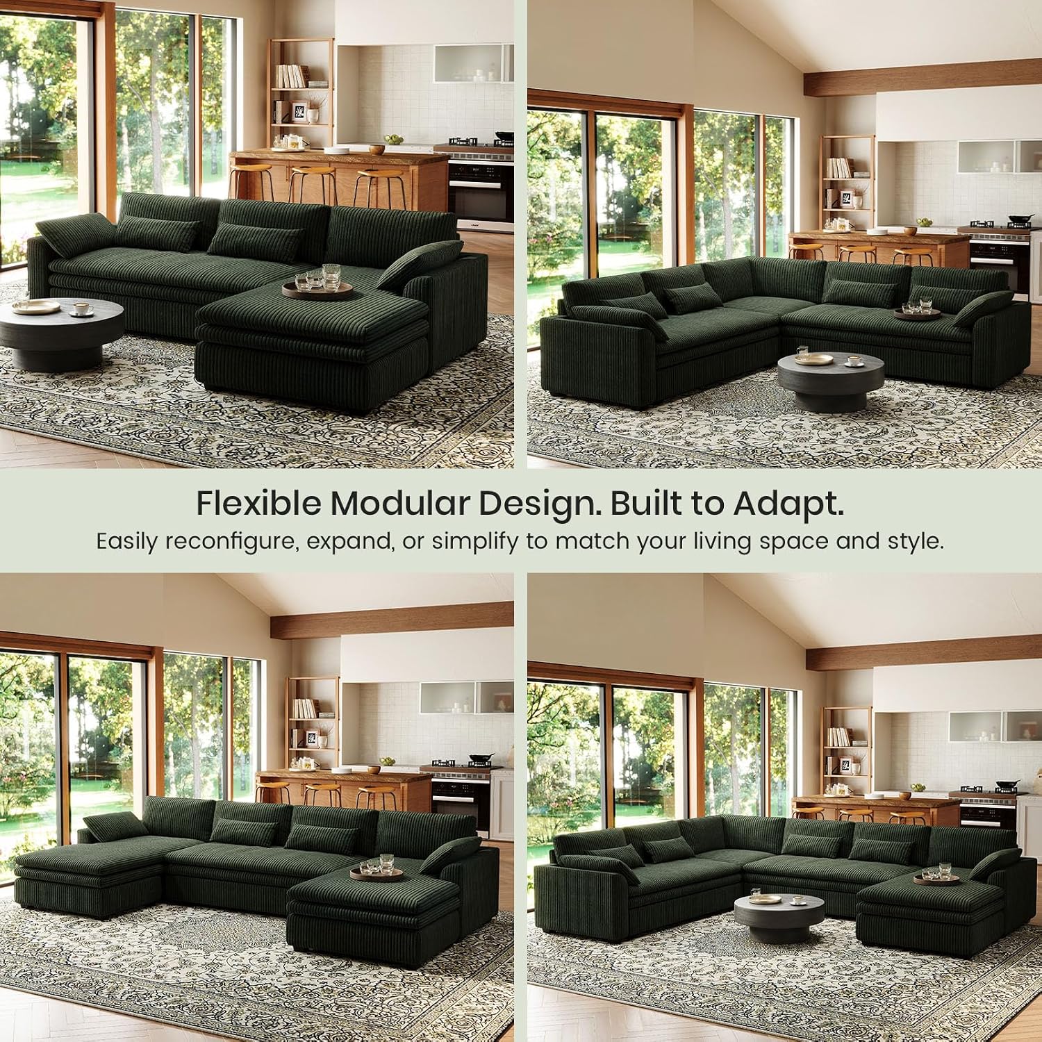 Belffin Large Modular Sectional Sofa with Double Deep Chaise and Loveseat, Corduroy U Shaped Couch with 9' Soft Dual-Layer 9 Seats Cushion for Living Room, Apartment, Green
