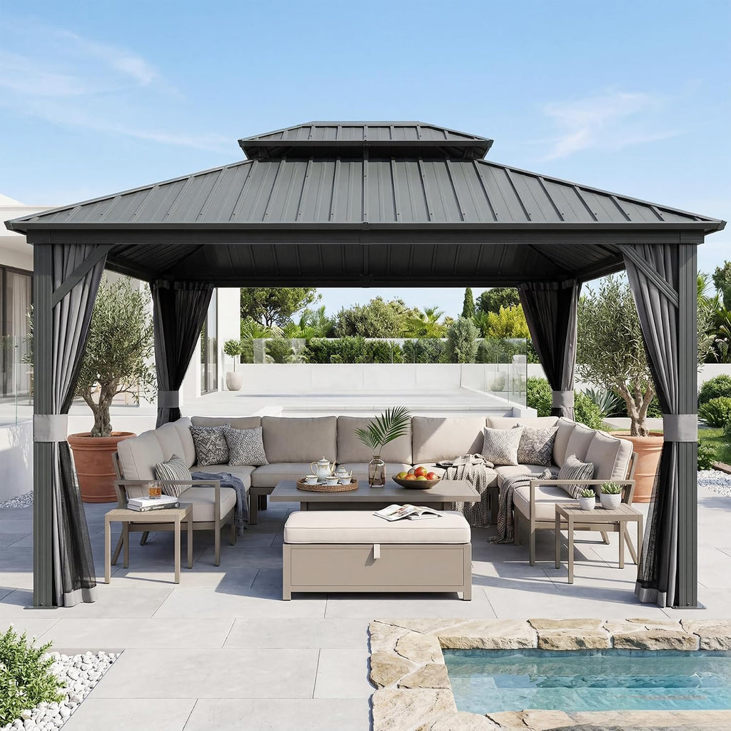 Domi 10x12FT Outdoor Gazebo, Patio Gazebo with Galvanized Steel, Hardtop Gazbo for Patio, Deck, Backyard, Curtain and Netting Included
