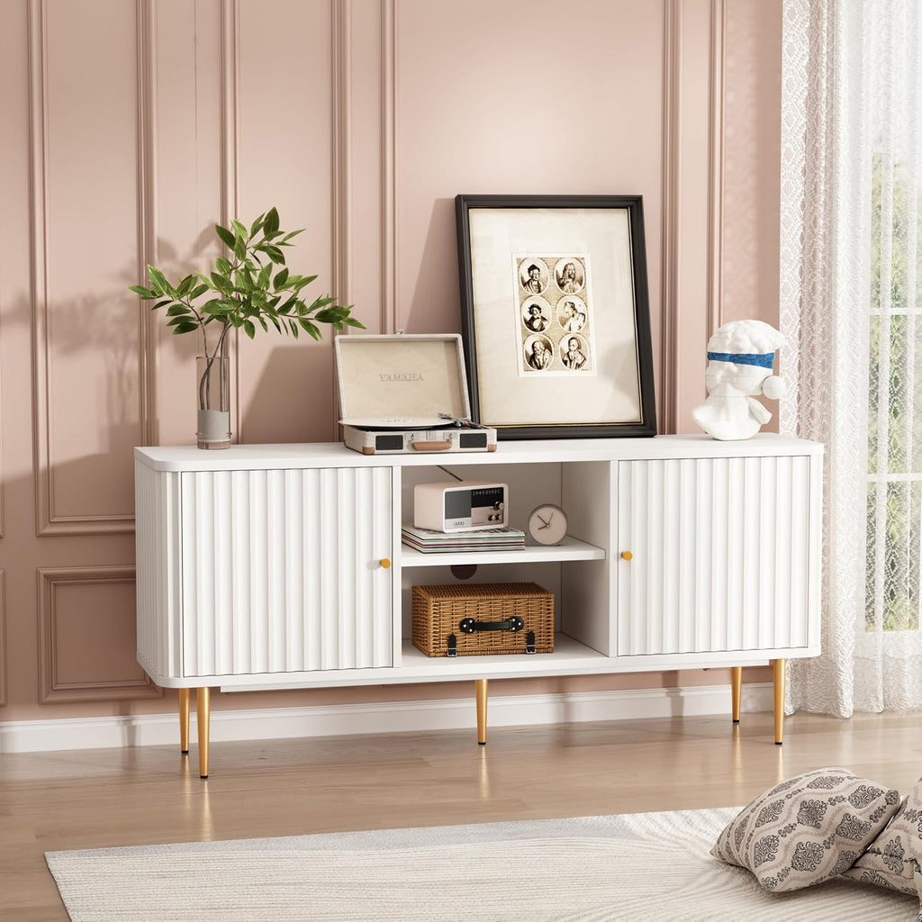 ARTPOWER 55' Fluted TV Stand, Mid Century Modern White TV Stand for 55/60/65 inch TV, Entertainment Center with Storage, Television Stands, TV Console, Media Console for Living Room, Bedroom