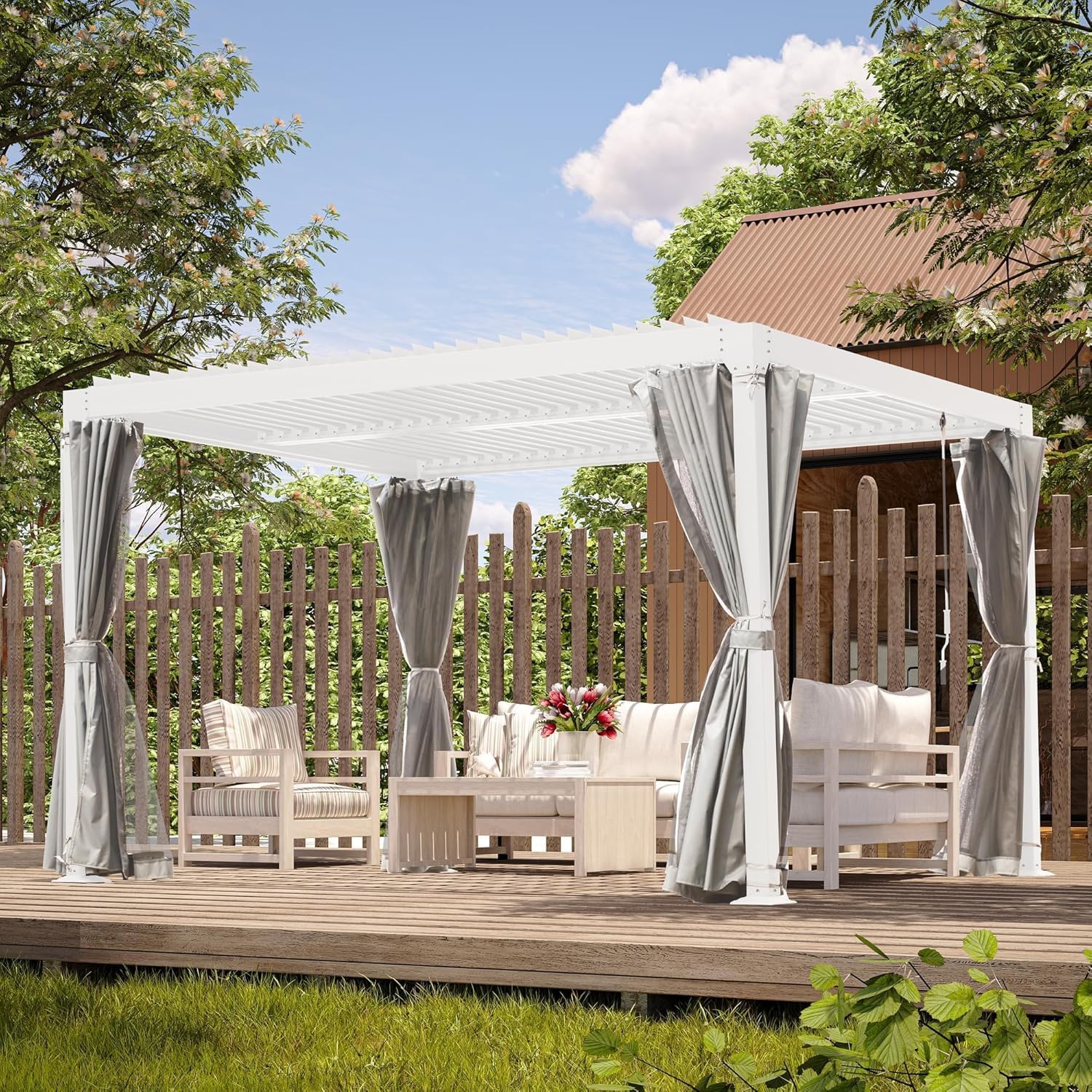 10' × 10' Louvered Pergola, Outdoor Aluminium Canopy with Adjustable Roof Curtains and Netting for Patio, Deck, Garden, Yard, Beach. (White)