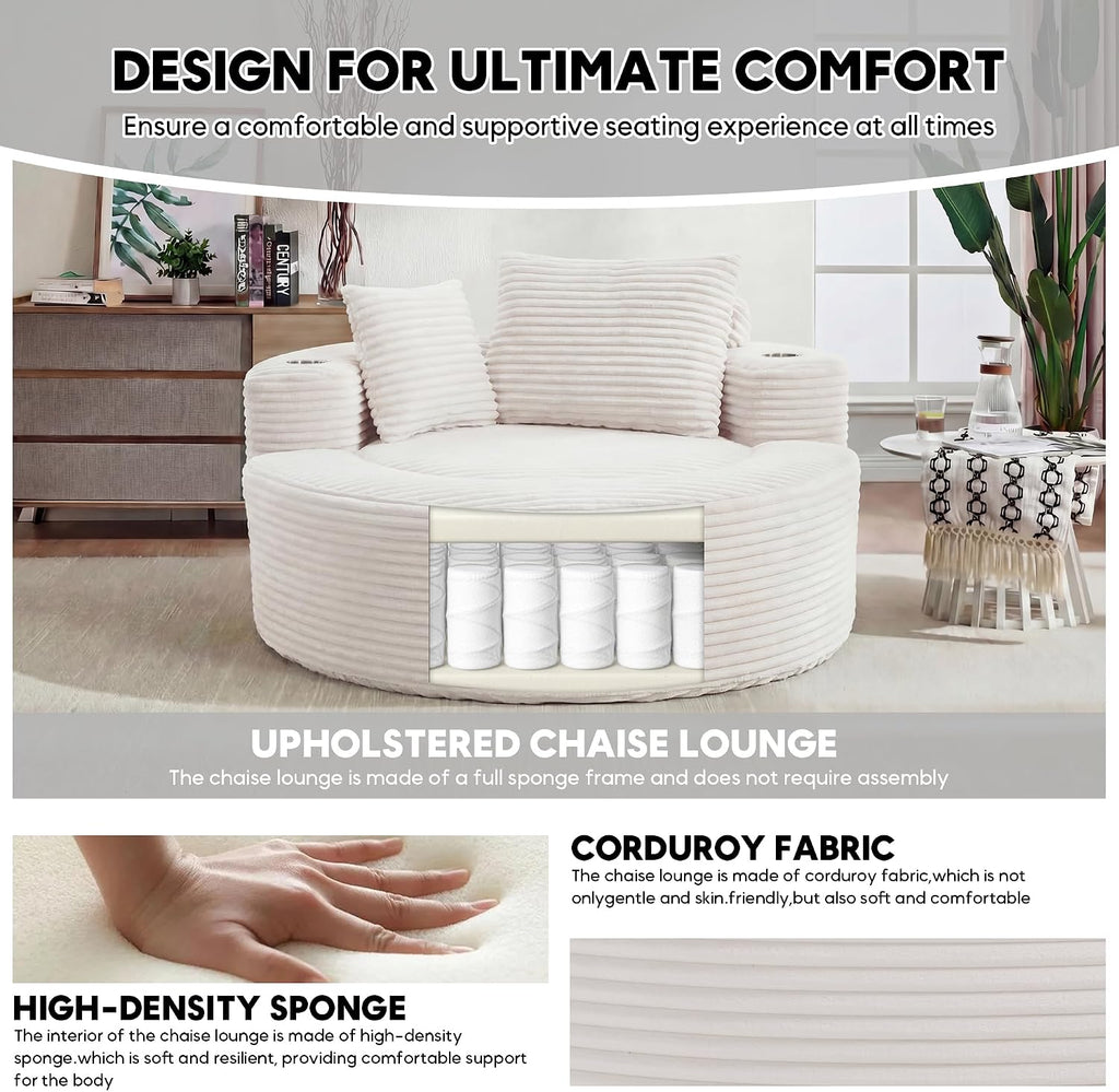 Oversized Round Chair Lounge Chaise Indoor, 55.5' Upholstered Corduroy Deep Seat Single Cloud Sofa Chair with Cup Holder, Modern Large Circle Boneless Sleeper Sofa for Living Room, Beige White