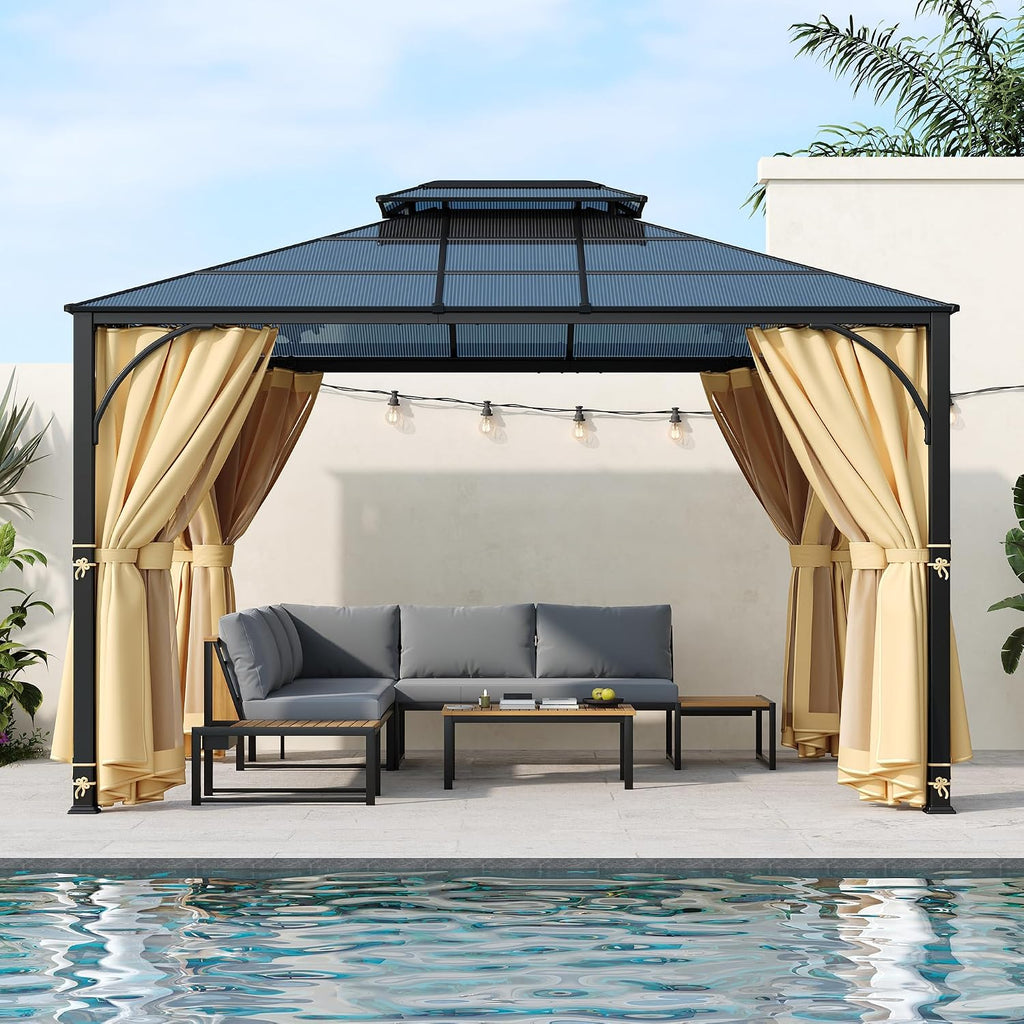 Modern 10'x12' Outdoor Hardtop Gazebo,Heavy Duty Double Roof Patio Gazebo with Aluminum Frame,Double-Layer Side Walls Mosquito Netting & Privacy Curtains,for Backyard Garden Lawn (Beige#F, 10'x12')