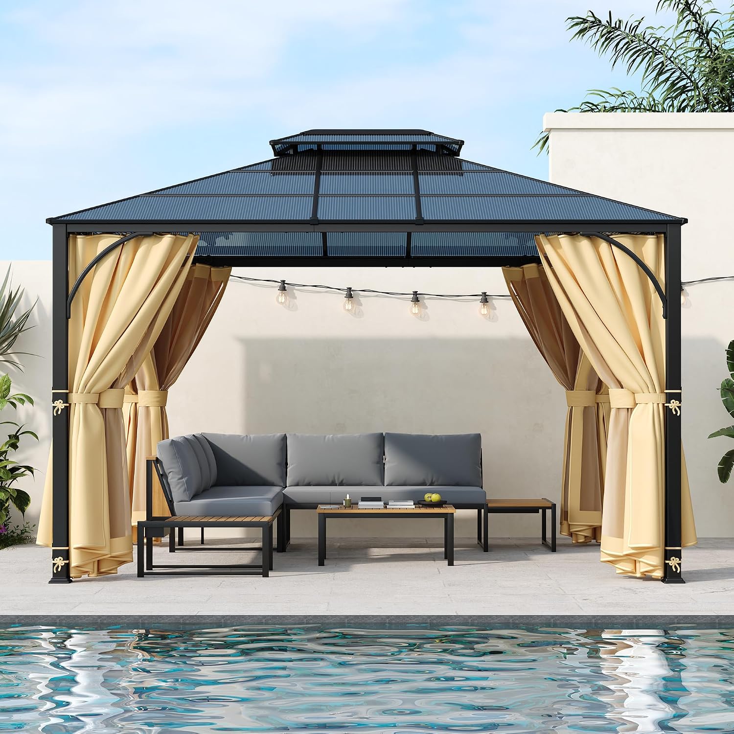Modern 10'x12' Outdoor Hardtop Gazebo,Heavy Duty Double Roof Patio Gazebo with Aluminum Frame,Double-Layer Side Walls Mosquito Netting & Privacy Curtains,for Backyard Garden Lawn (Beige#F, 10'x12')