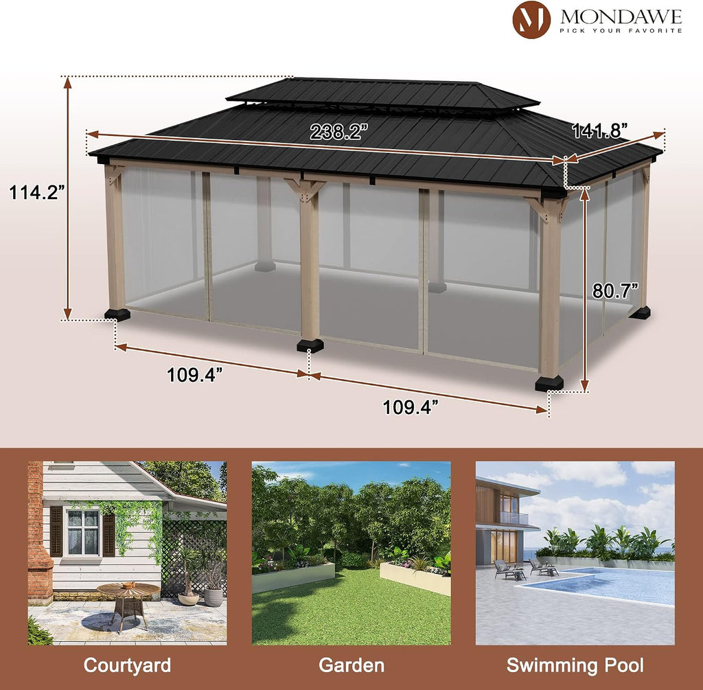 Cedar Wood Gazebo 12x20Ft Hardtop Gazebo with Netting, Outdoor Permanent Gazebo Pergola with Galvanized Steel Double Roof Pavilion for Patio Lawn Garden