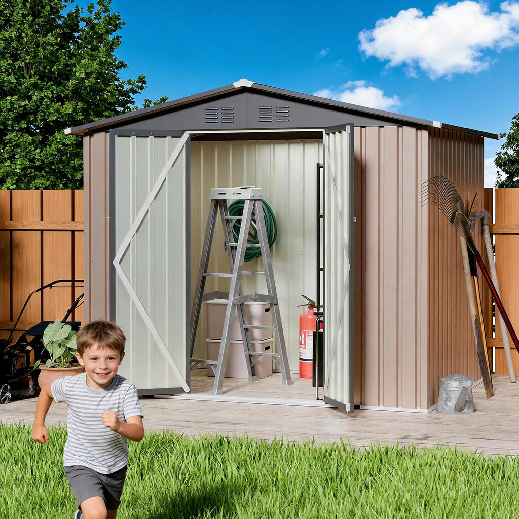 8x6 FT Outdoor Storage Shed, Galvanized Tool Shed, Metal Garden Shed with Apex Roof & Lockable Door & 2 Gloves, Waterproof Rust-Resistant for Backyard Garden Lawn Patio, Brown