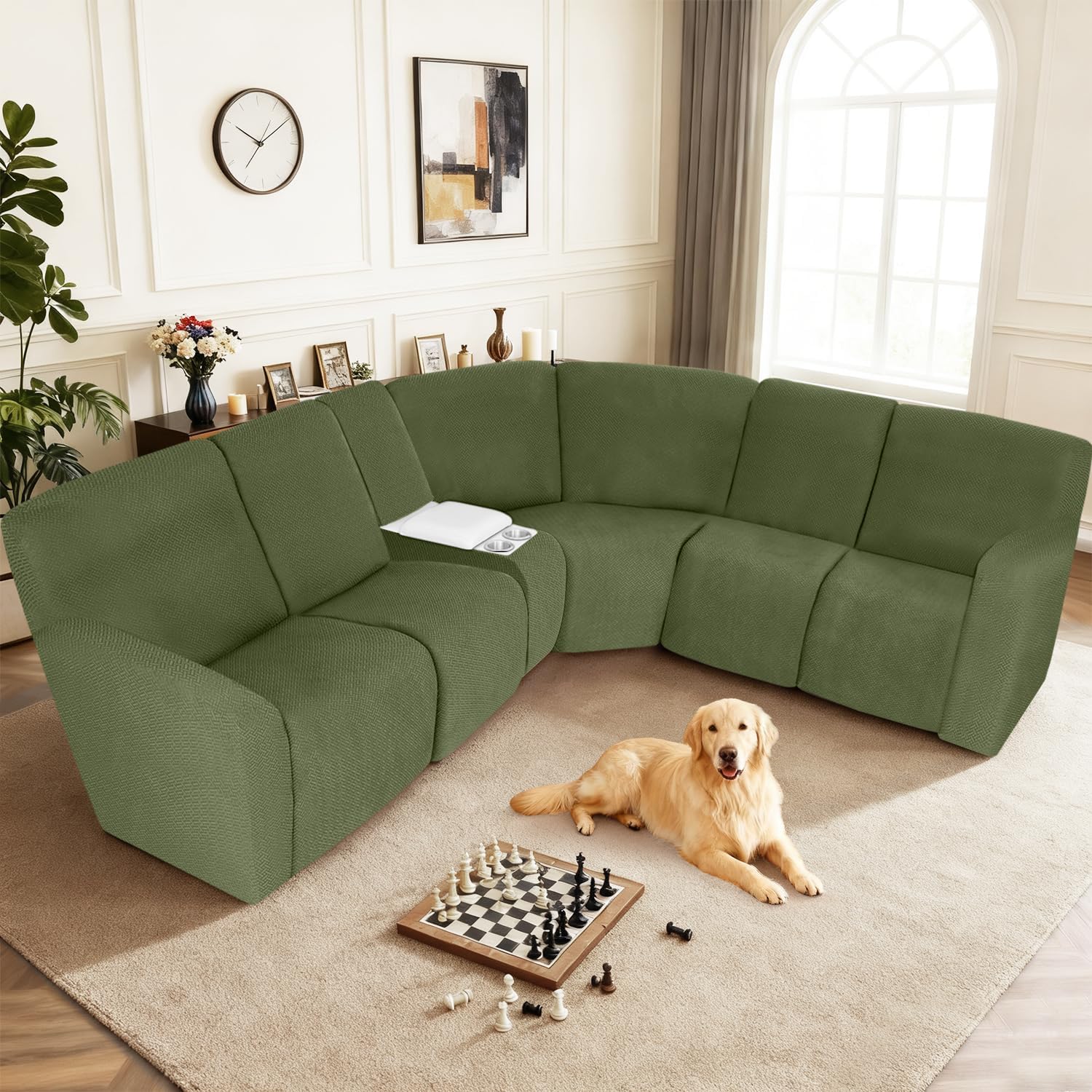 ALIECOM 100% Waterproof Recliner Sectional Couch Covers L Shape Stretch Corner Reclining Sectional Sofa Cover Washable Recliner Slipcover Protector for Dog Pet (5 Seat and 1 Console, Avocado Green)