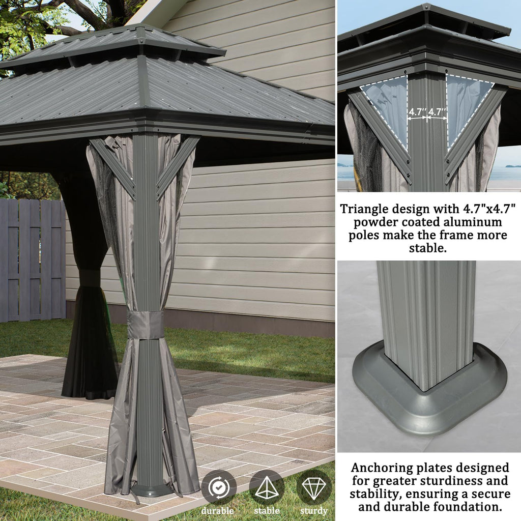 Domi Hardtop Gazebo 10x12FT, Outdoor with Galvanized Steel Double Roof, Metal Gazebo with Drainage System, Detachable Curtain and Netting, Metal Pavilion for Patio Deck Garden, Gray