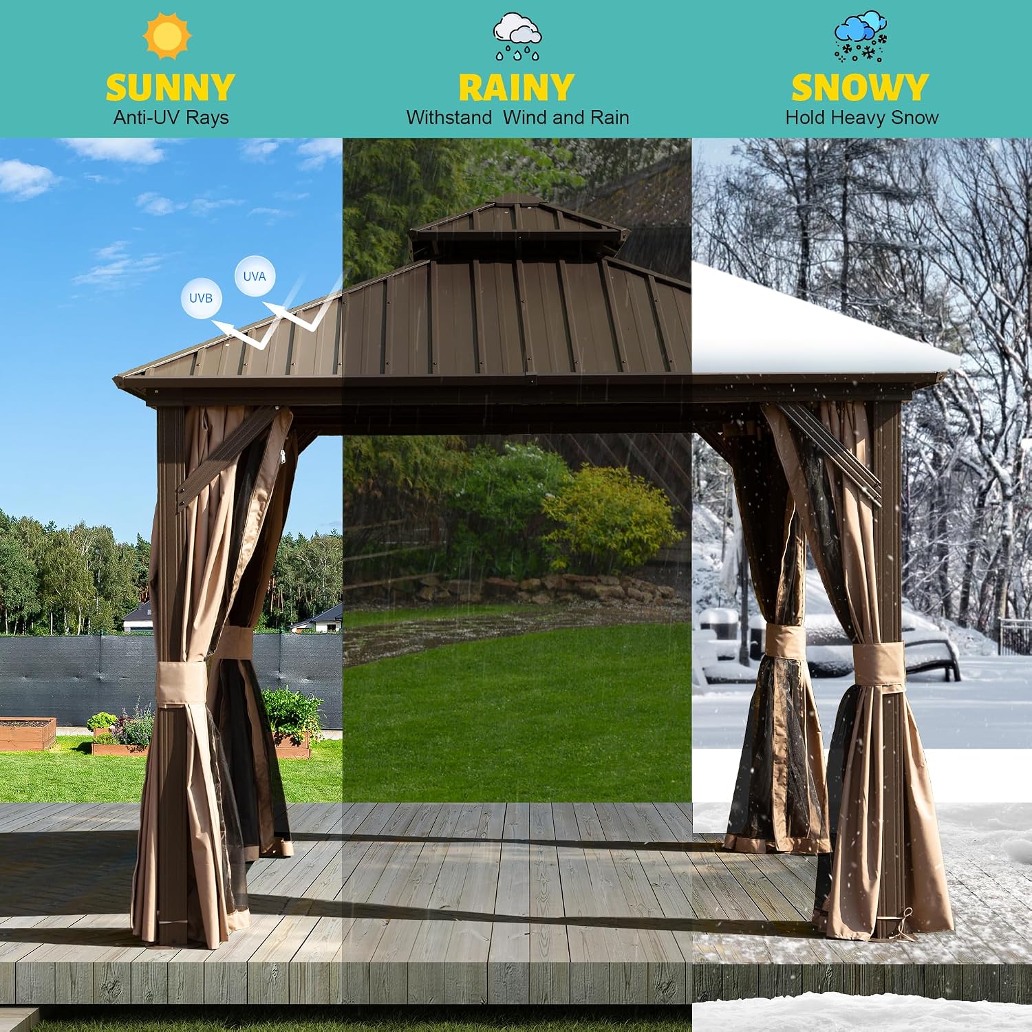 Domi 10'x10' Hardtop Gazebo, Outdoor Metal Gazebo with Galvanized Steel Double Roof, Curtains & Netting, Permanent Pavilion for Patio, Backyard, Party, Outdoor Dining, Brown