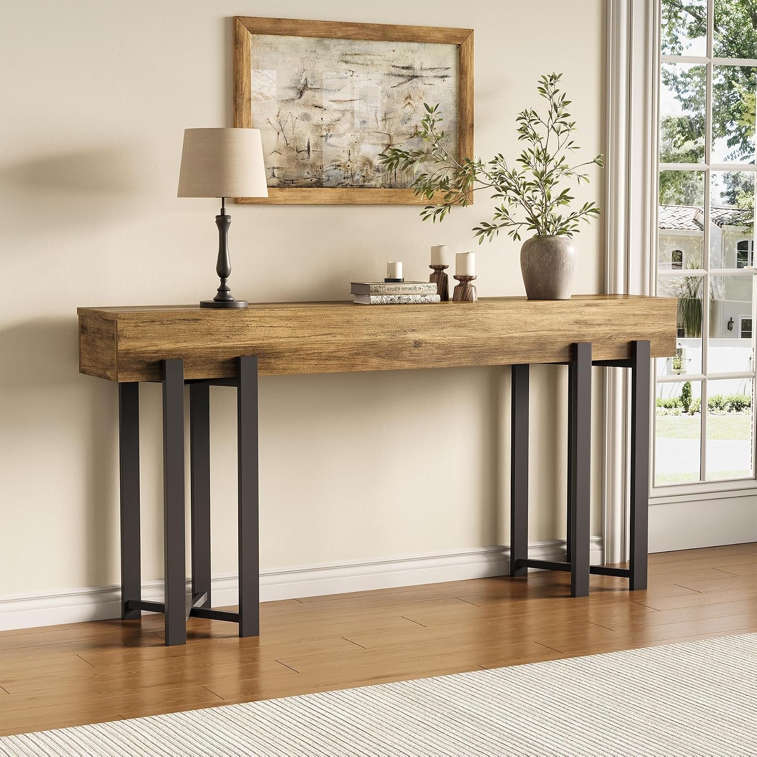 LITTLE TREE 63-Inch Console Table for Entryway, Industrial Behind Couch Table, Minimalist Sofa Table for Living Room, Rustic Brown Wooden Hallway Foyer Table with Black Metal Frame