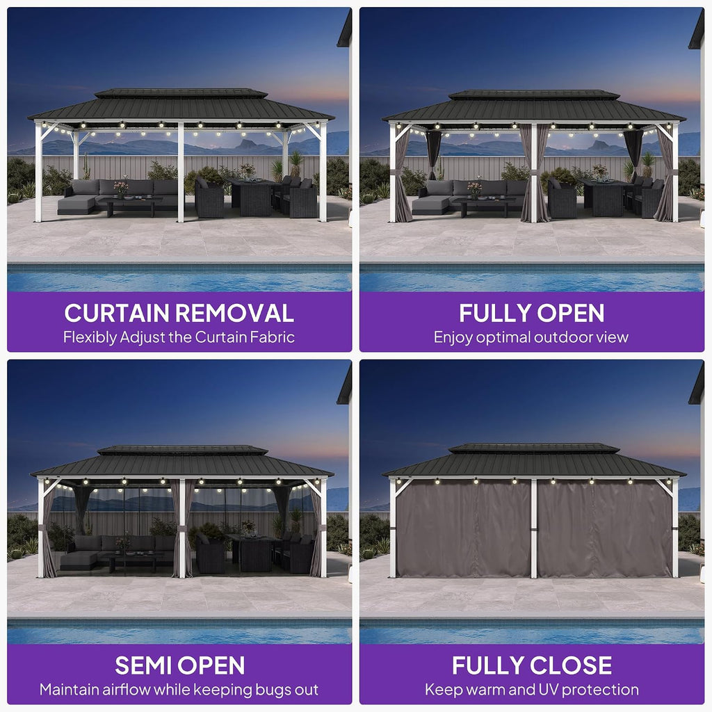 PURPLE LEAF 10' X 20' Outdoor Gazebo Galvanized Steel Double Roof White Aluminum Frame Hardtop Heavy Duty Gazebo with Curtain and Netting for Patio Garden and Backyard, Grey