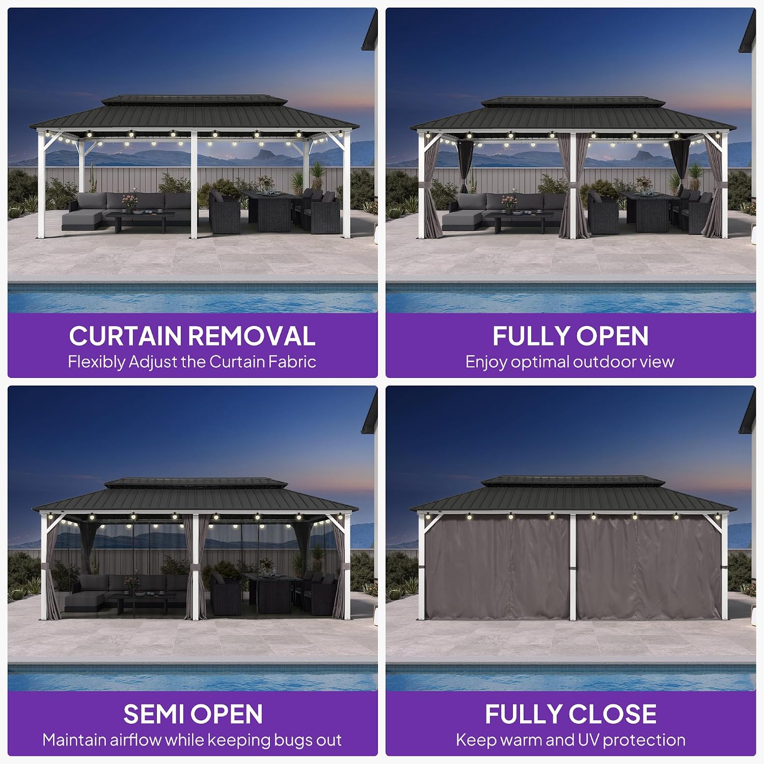 PURPLE LEAF 10' X 20' Outdoor Gazebo Galvanized Steel Double Roof White Aluminum Frame Hardtop Heavy Duty Gazebo with Curtain and Netting for Patio Garden and Backyard, Grey