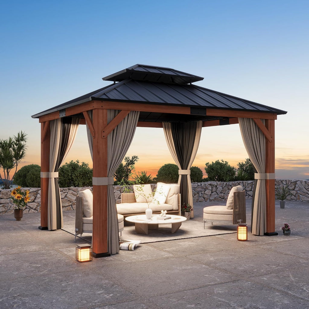 Big Leaf Wood Gazebo 10'x12', Cedar Frame Hardtop Gazebo with Double Galvanized Steel Roof & Grill Shelter, Mosquito Netting and Curtains, Sturdy Hook Design for Outdoor Patio, Deck, Garden