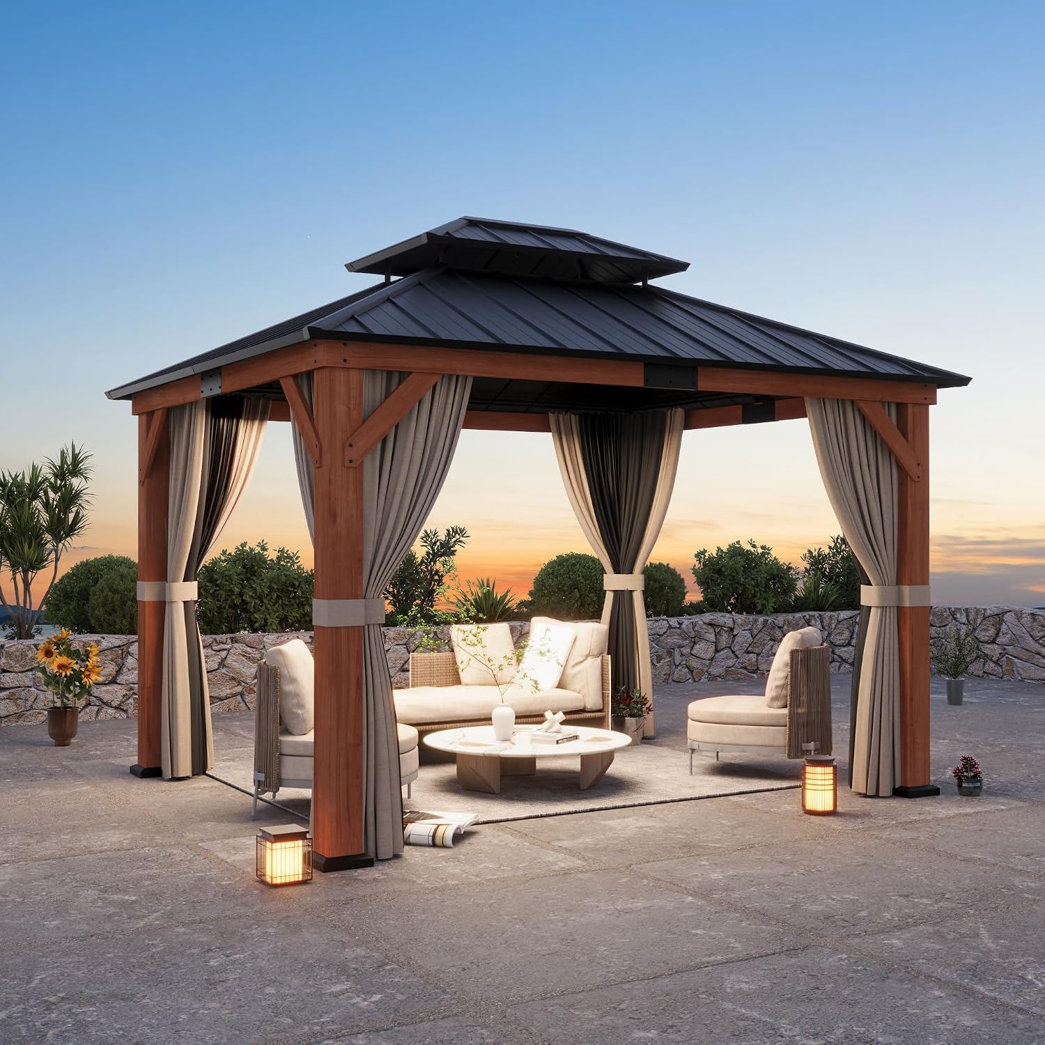 Big Leaf Wood Gazebo 10'x12', Cedar Frame Hardtop Gazebo with Double Galvanized Steel Roof & Grill Shelter, Mosquito Netting and Curtains, Sturdy Hook Design for Outdoor Patio, Deck, Garden