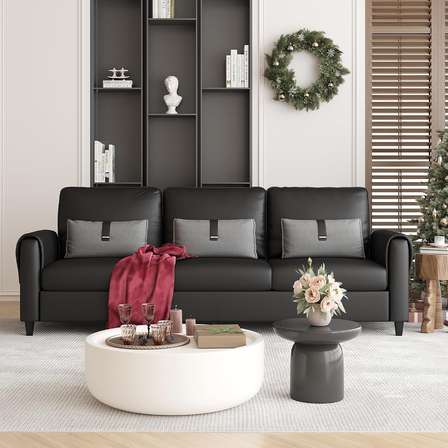 STHOUYN 88' Faux Leather Couch for Living Room, Black Office Couch Small Space, Comfy 3 Seater Couches Leather Sofa with High Backrest (Black)