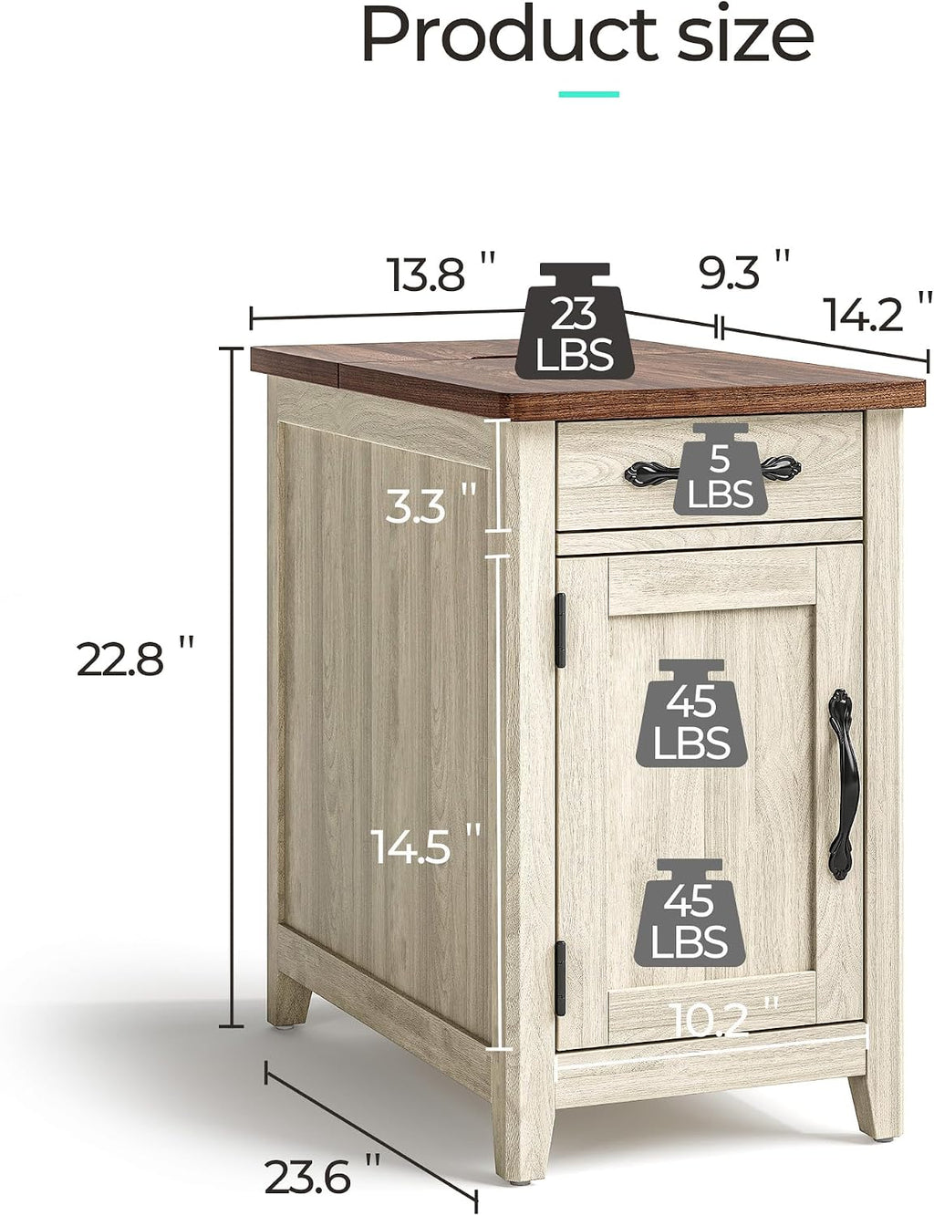 LINSY HOME Farmhouse End Table with Charging Station, Narrow Side Table for Living Room, Sofa Side Table with Drawer and Storage Cabinet, Small Nightstand for Home Office