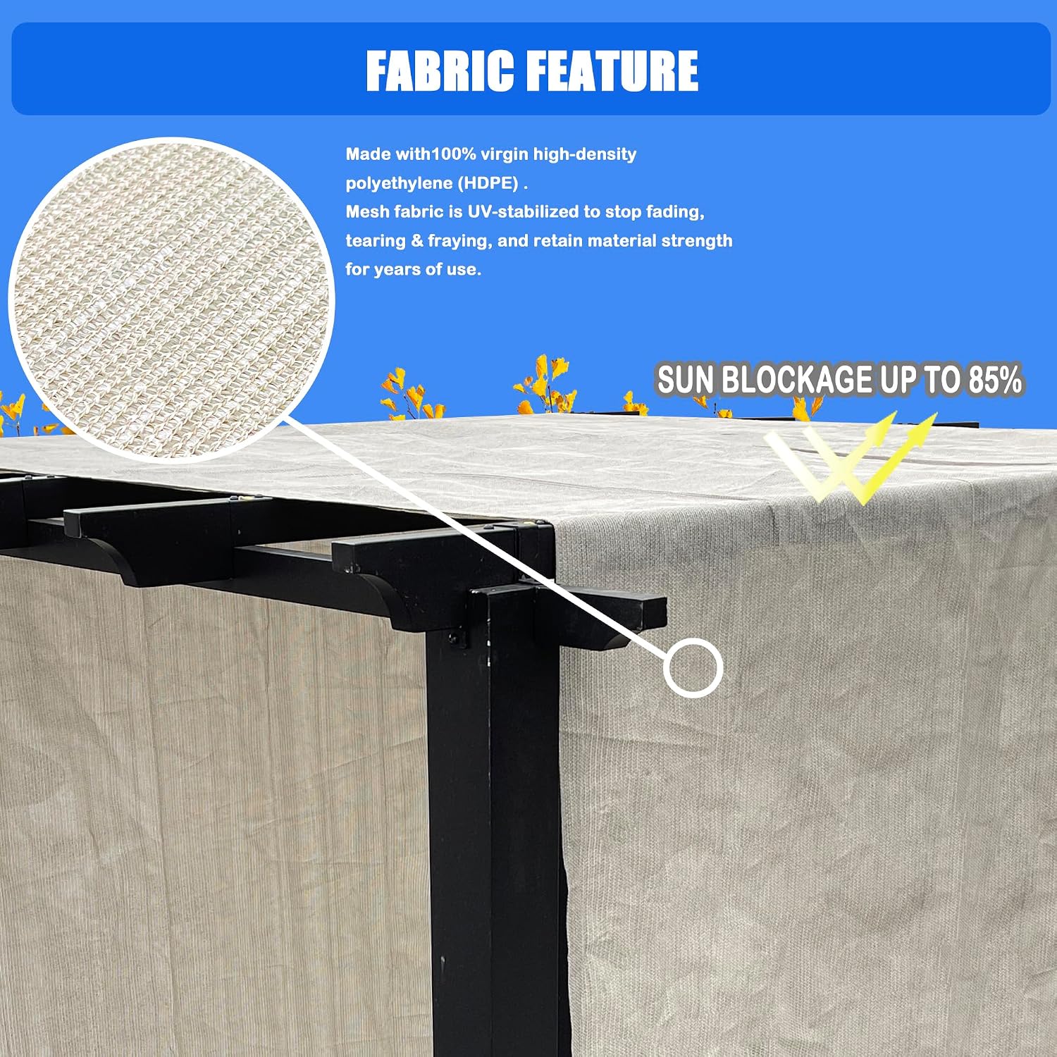 Alion Home Universal Breathable Pergola Cover - Pergola Replacement Canopy - Outdoor Adjustable Sun Shade Cover with Heavy Duty Metal Weighted Rods (12' x 10', Smoke Tan)
