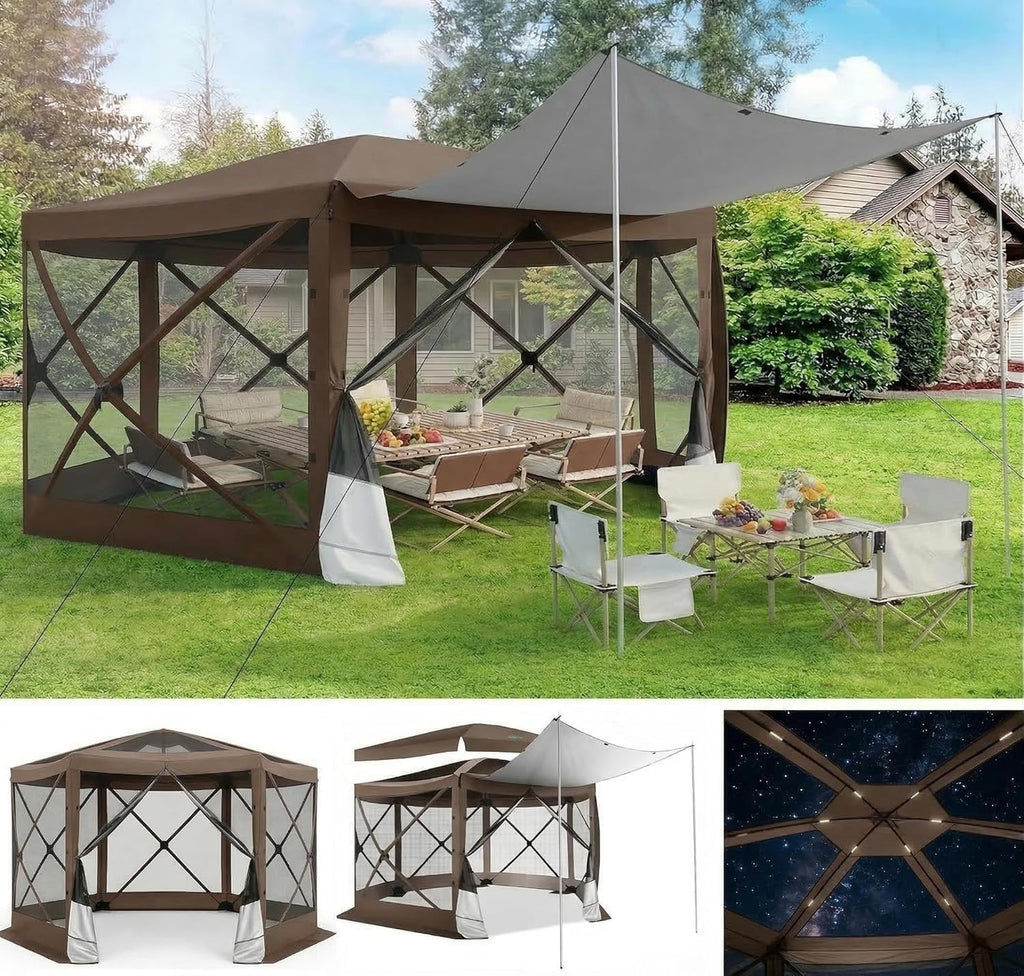 COBIZI Pop Up Gazebo Screen Tent Screen House for Camping, 12x12 Screen Room with Mosquito Netting, Hub Tent Instant Screened Canopy with Carrying Bag and Ground Stakes, Brown