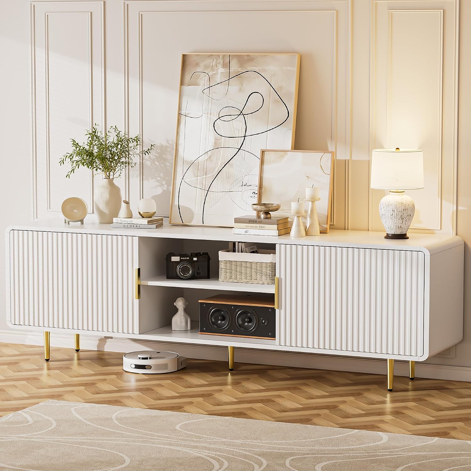 TV Stand for 65 Inch TV, Fluted TV Stand with Curved Profile Design, White Modern Entertainment Center TV Console Table with Sliding Doors & Adjustable Shelves, TV Stand for Living Room Bedroom, White