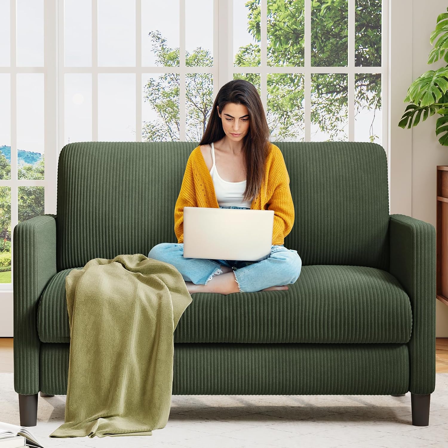 Welzona Loveseat Sofa, 51' Love Seat, Comfy Corduroy Small Loveseat for Small Spaces, Tool-Free Setup Couch for Bedroom, All-Wood Couches for Living Room, Green