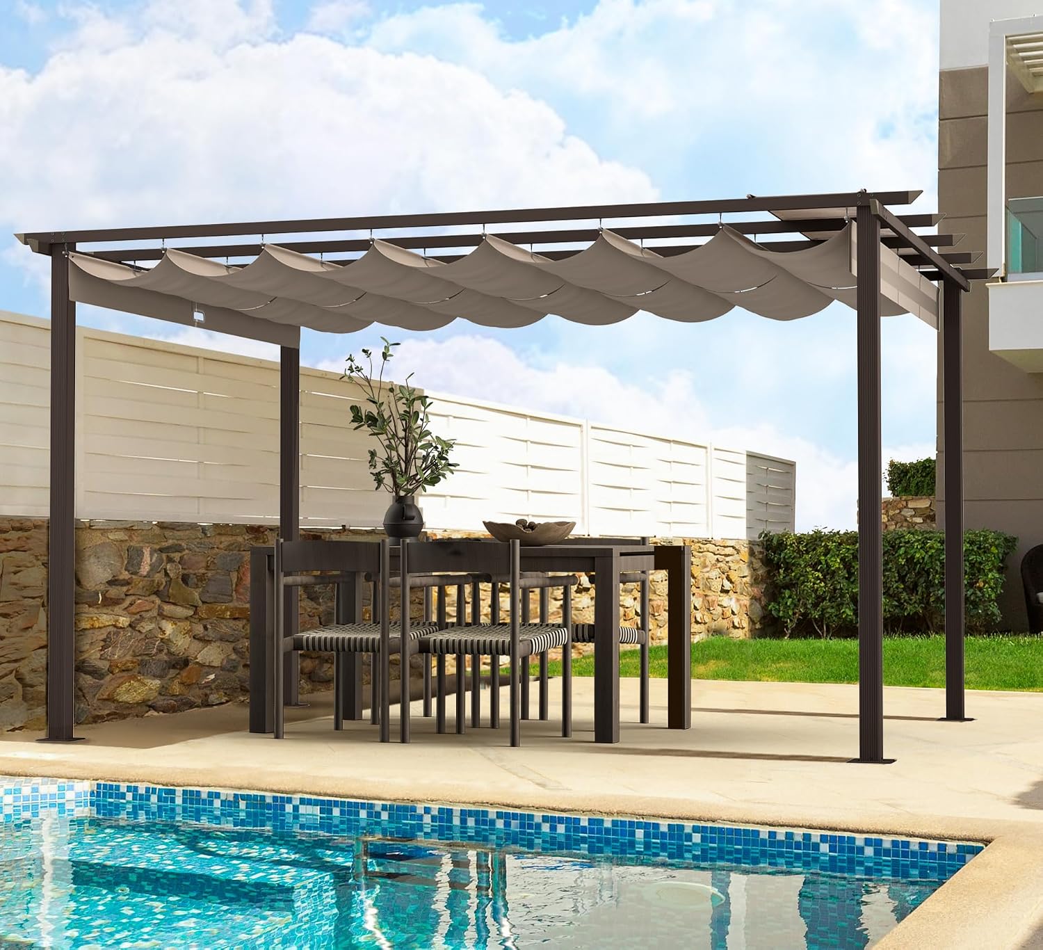 HAPPATIO 10' X 13' Retractable Pergola with Sun Shade Canopy, Patio Aluminum Frame Shelter for Backyards, Gardens, Porch, Includes Ground Studs and Expansion Screws (Brown)