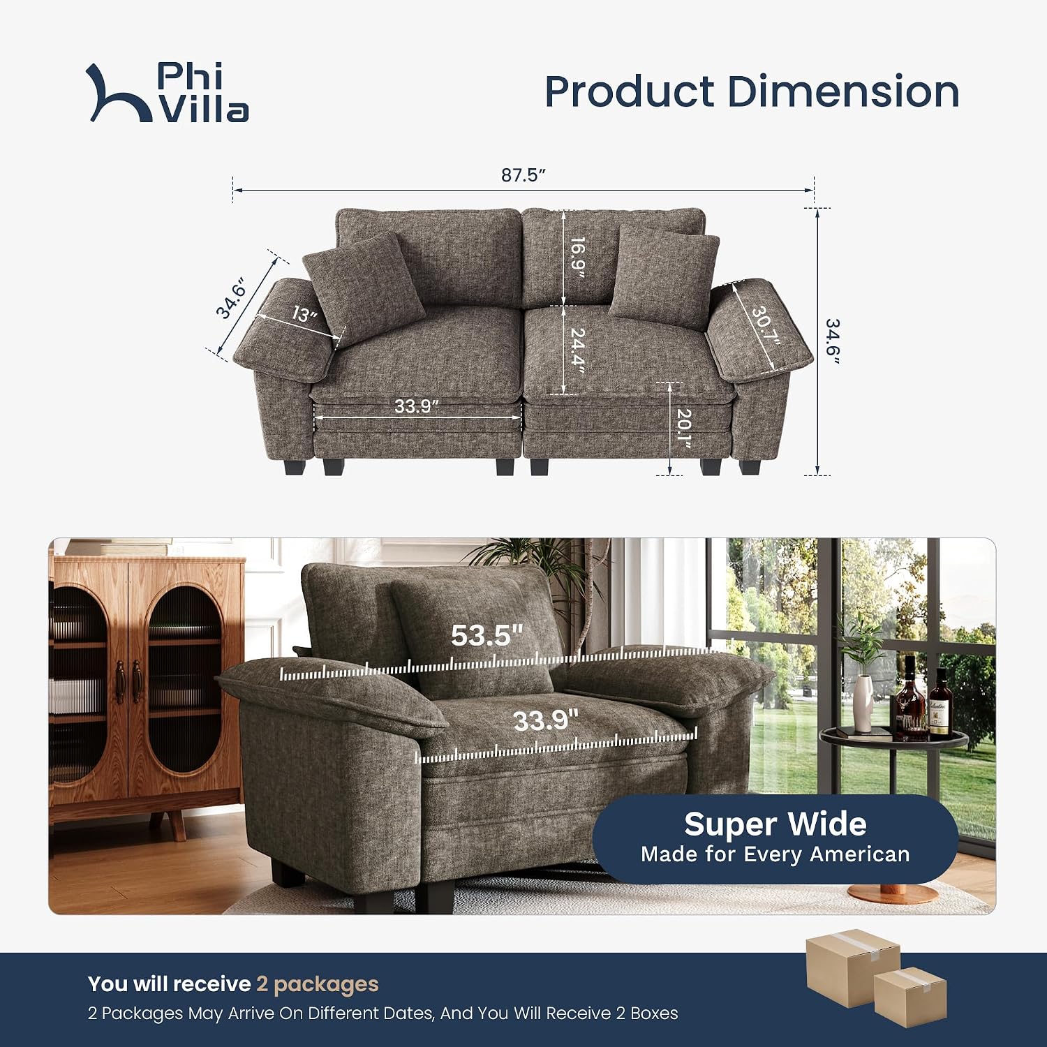 PHI VILLA Indoor Modular Couches Sets, 87.5' Sectional Loveseat Sofa with Upholstered Deep Seat, 2-Seater Comfy Couches for Living Room Bedroom, Chenille Fabric, Smoky Grey