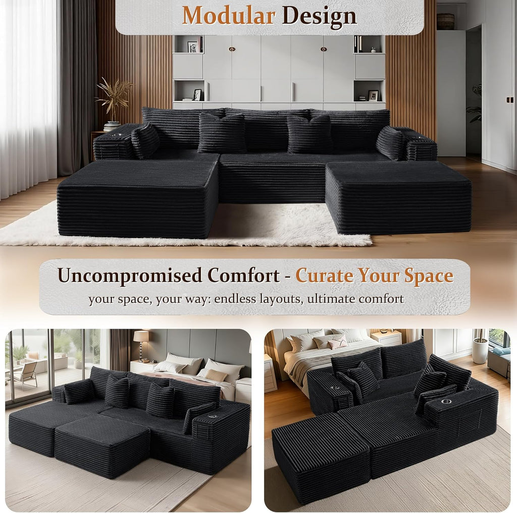 108' Cloud Sectional Couch, Comfort U Shaped Boneless Couch for Living Room, Extra Deep Seats No Assembly, Minimalist Modular Sofa, Corduroy (Black, Right Facing Chaise+2 Seater+Ottoman)
