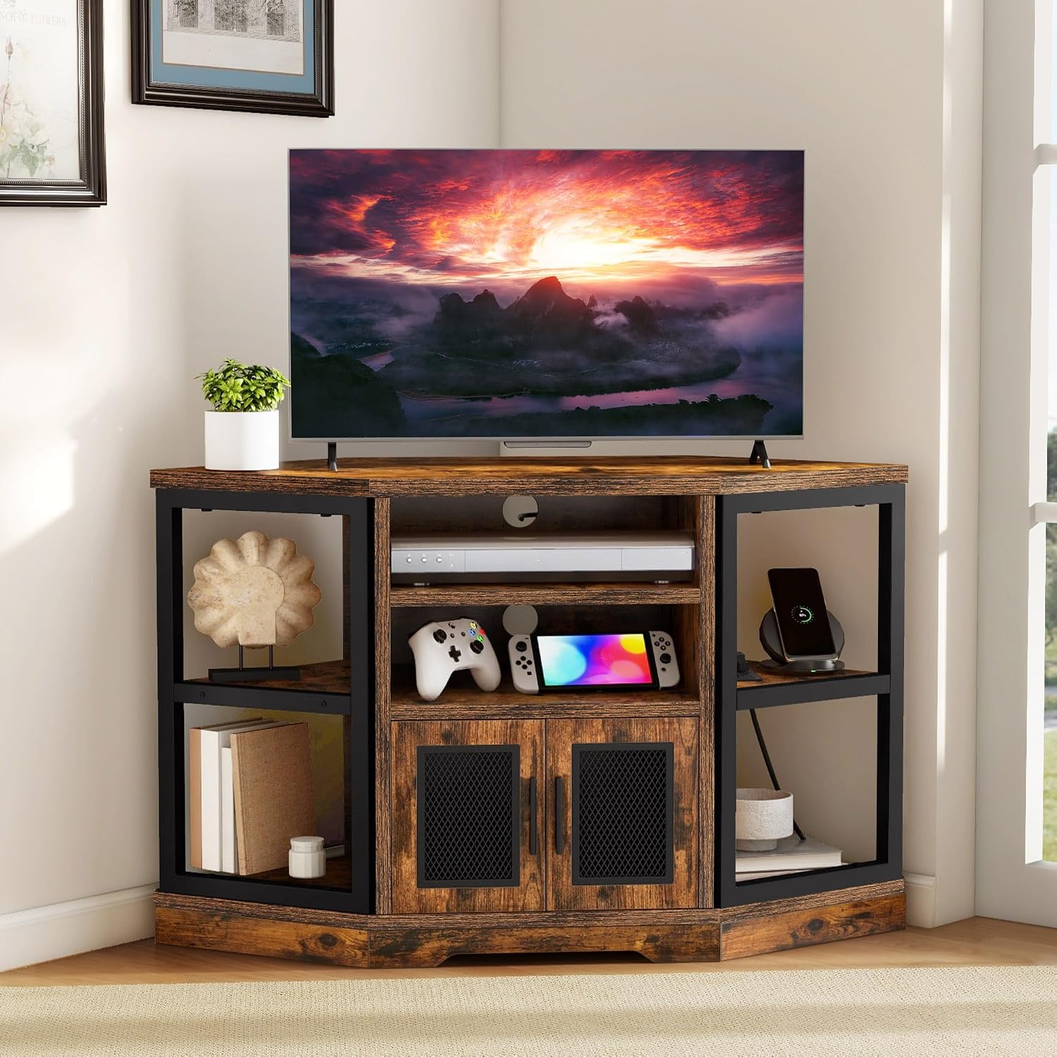 DWVO Farmhouse Corner TV Stand for Living Room, TV Stand for 50 Inch TV, Entertainment Center with Storage and Power Outlet, TV Console Cabinet, Rustic Brown