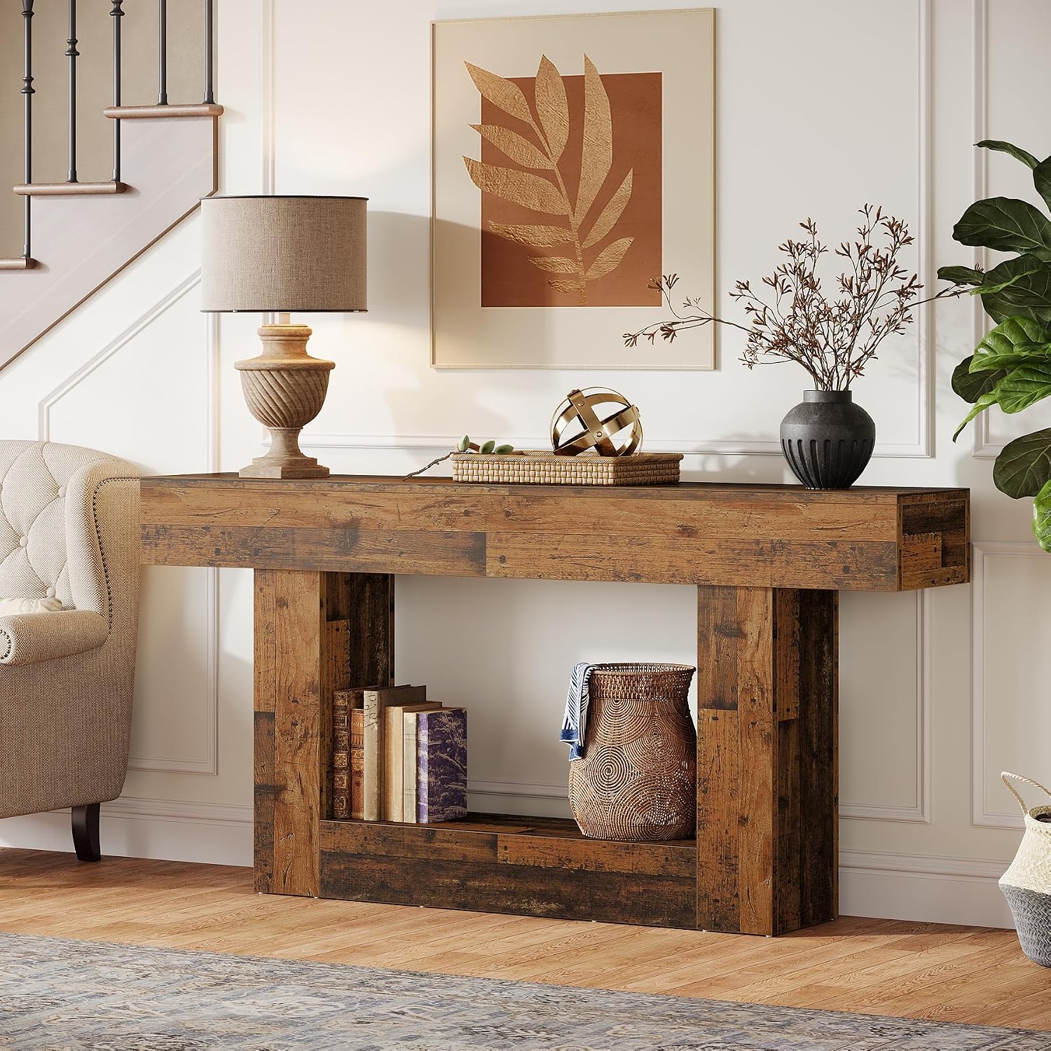 Tribesigns 63-Inch Long Console Table, 2-Tier Entryway Table Sofa Table with Storage, Farmhouse Wood Behind Couch Table for Living Room, Hallway, Rustic Mixed Brown