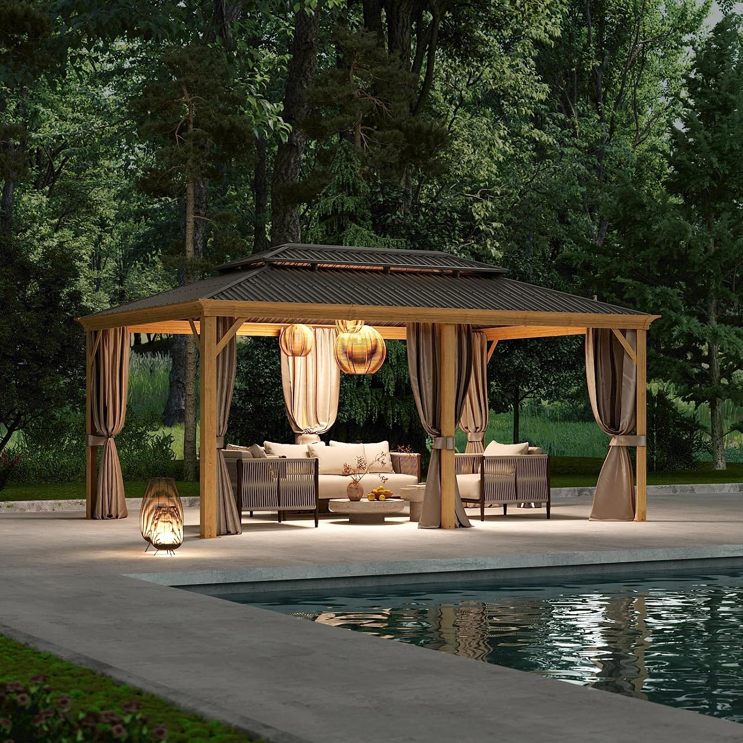 12x18ft Hardtop Gazebo, Wooden Finish Coated Aluminum Frame Canopy with Galvanized Steel Double Roof, Outdoor Permanent Metal Pavilion with Curtains & Netting for Garden, Brown (Wooden 12x18 Ft)