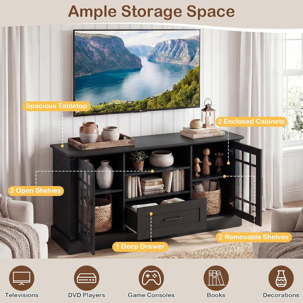 Tangkula Farmhouse TV Stand for TV up to 65 70 Inches, Tall Media Console Table with 2 Glass Storage Cabinets, 1 Drawer & 2 Open Shelves, Wooden Entertainment Center for Living Room (Black)